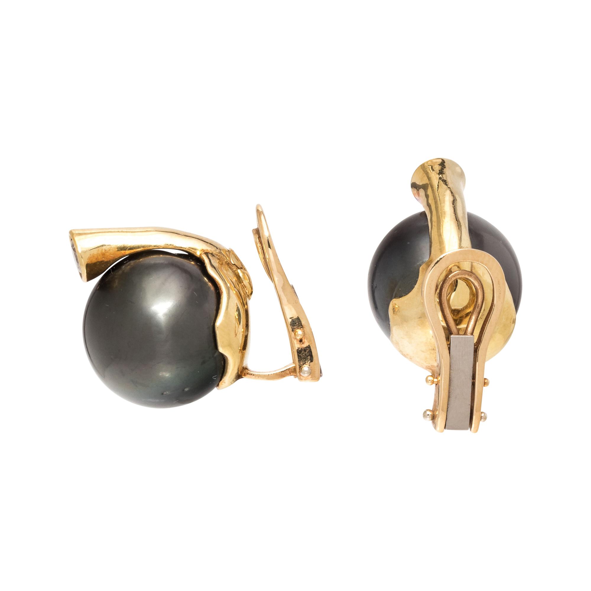 CULTURED TAHITIAN PEARL AND DIAMOND EARCLIPS