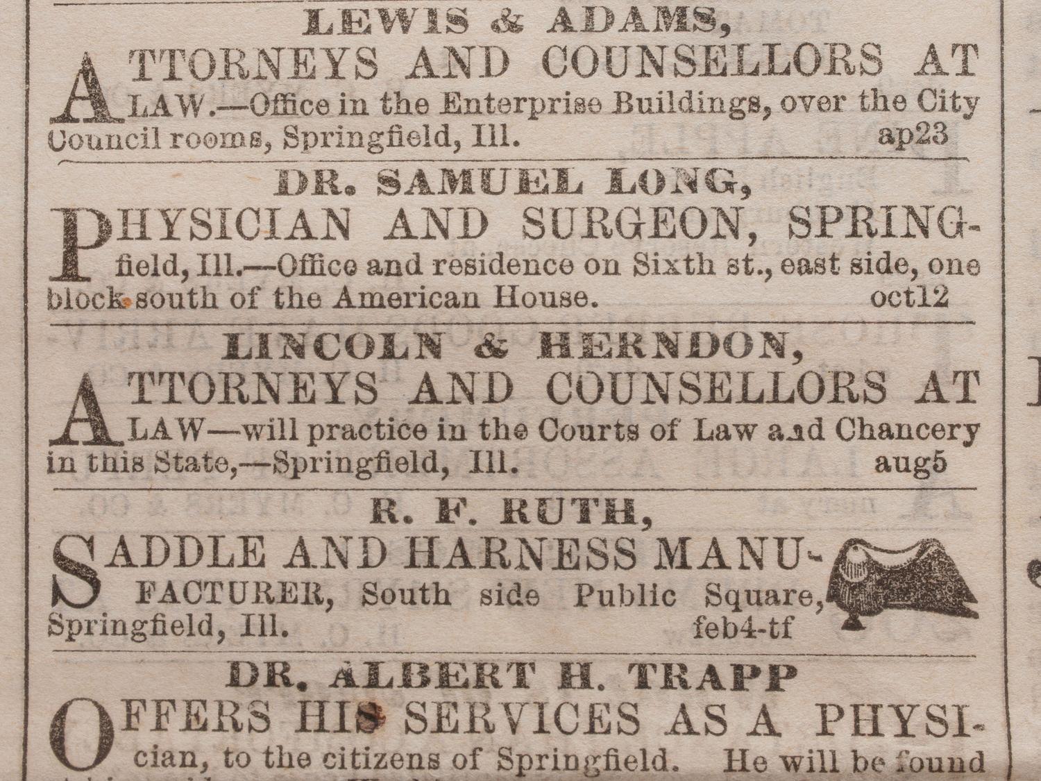 [LINCOLNIANA]. Daily Illinois State Journal . 9 December 1858. With Lincoln & Herndon advertisement.
