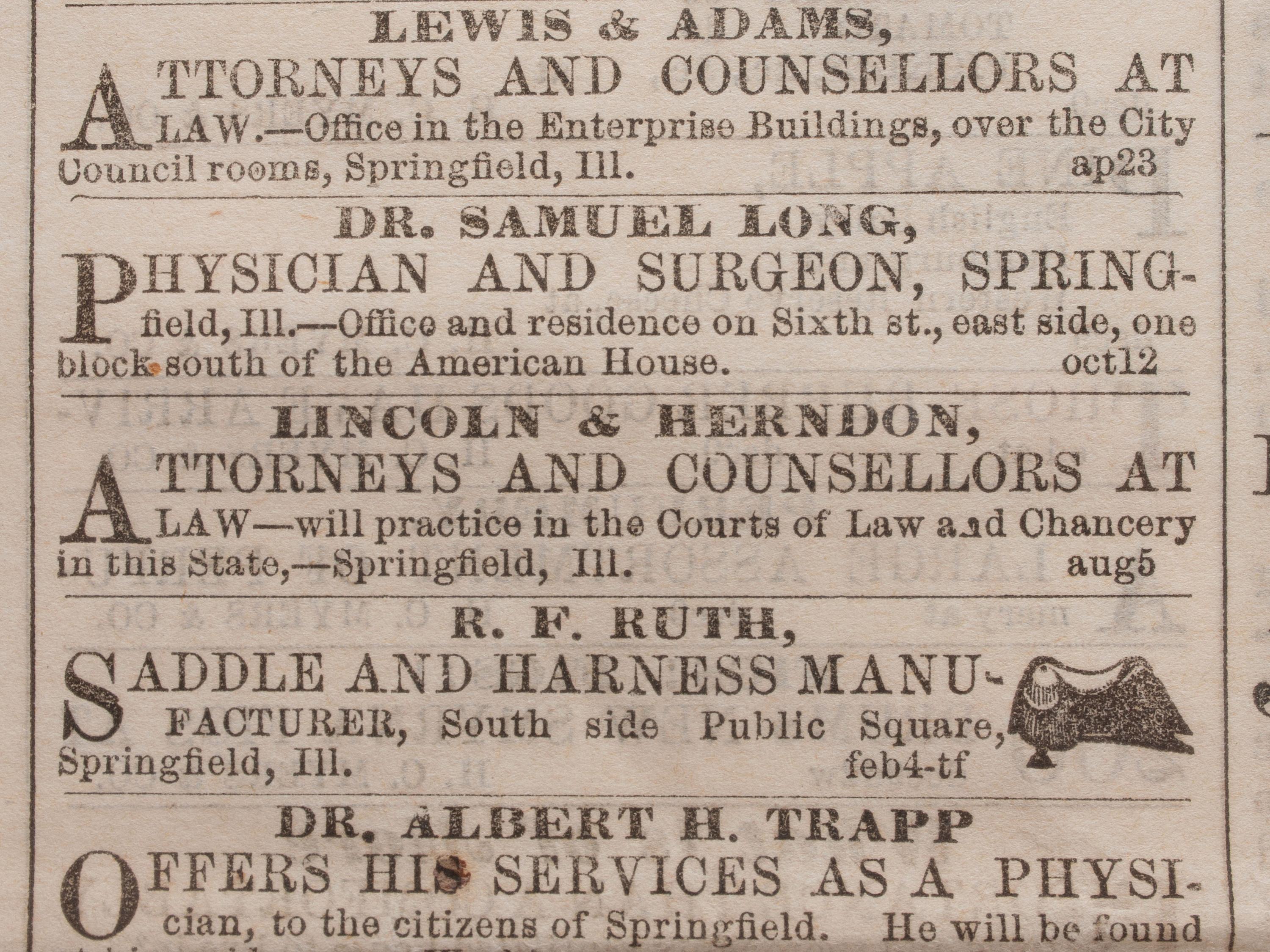 [LINCOLNIANA]. Daily Illinois State Journal . 9 December 1858. With Lincoln & Herndon advertisement.