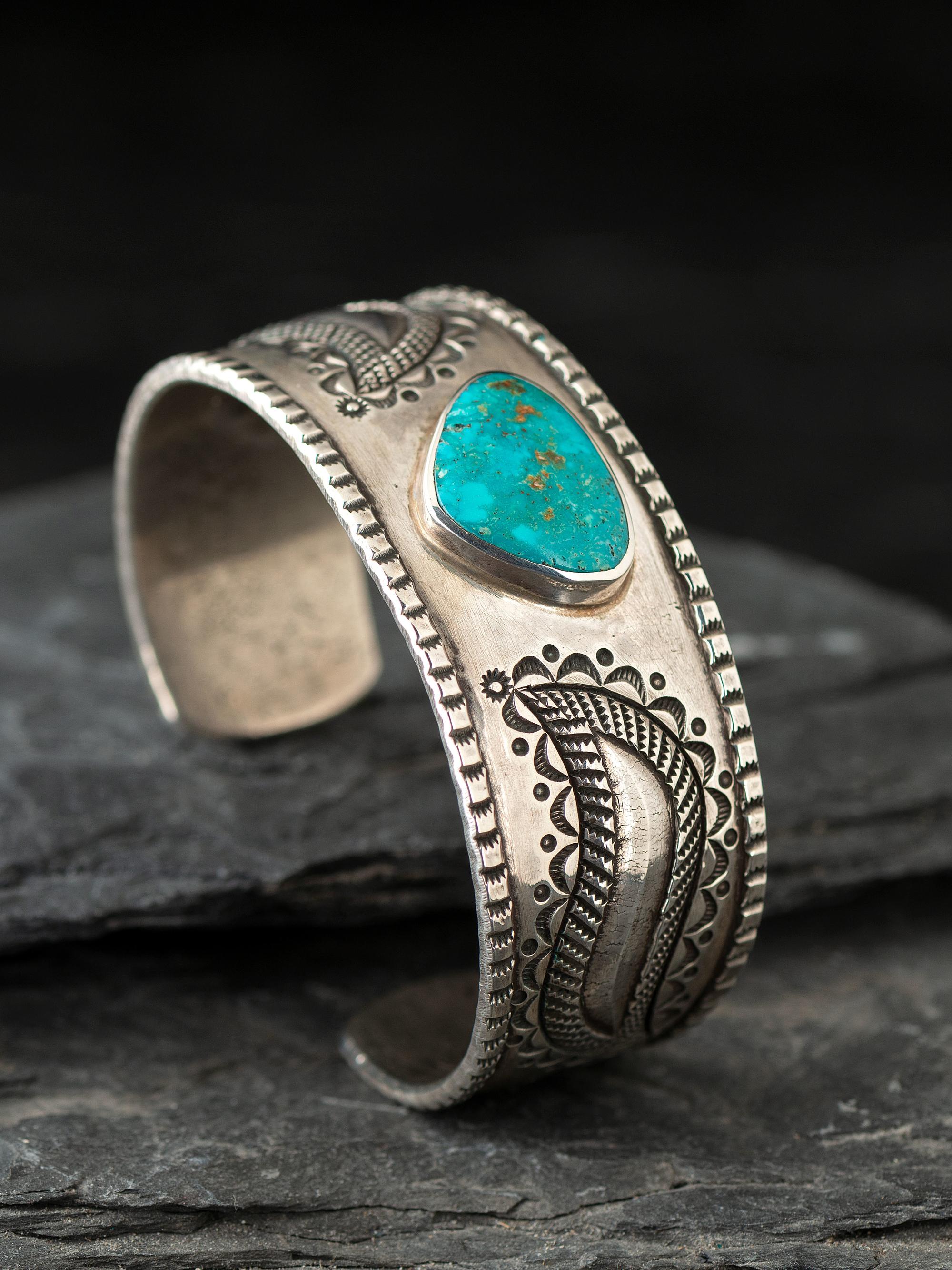 Coin Silver and Turquoise Cuff Bracelet