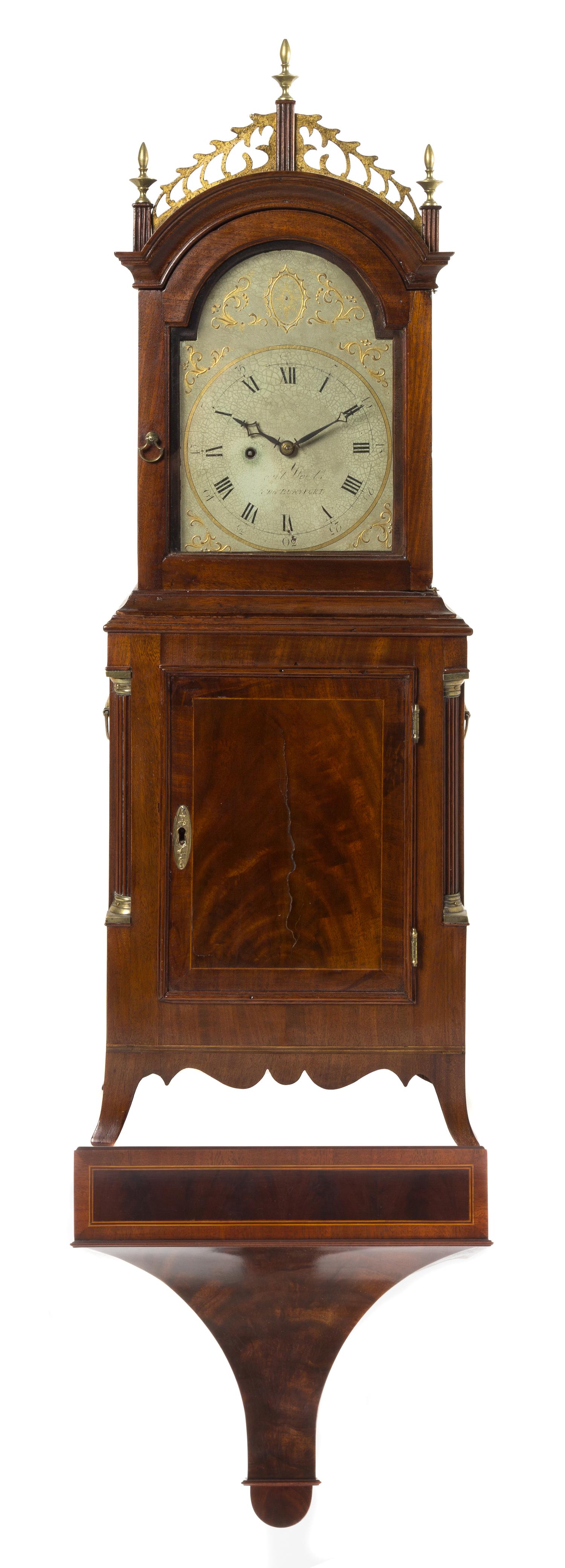A Federal Mahogany Shelf Clock Height of clock 34 3/4 x width 12 1/8 x depth 6 1/8 inches. — WORKS BY DAVID WOOD, NEWBURYPORT, MASSACHUSETTS, CIRCA 1800