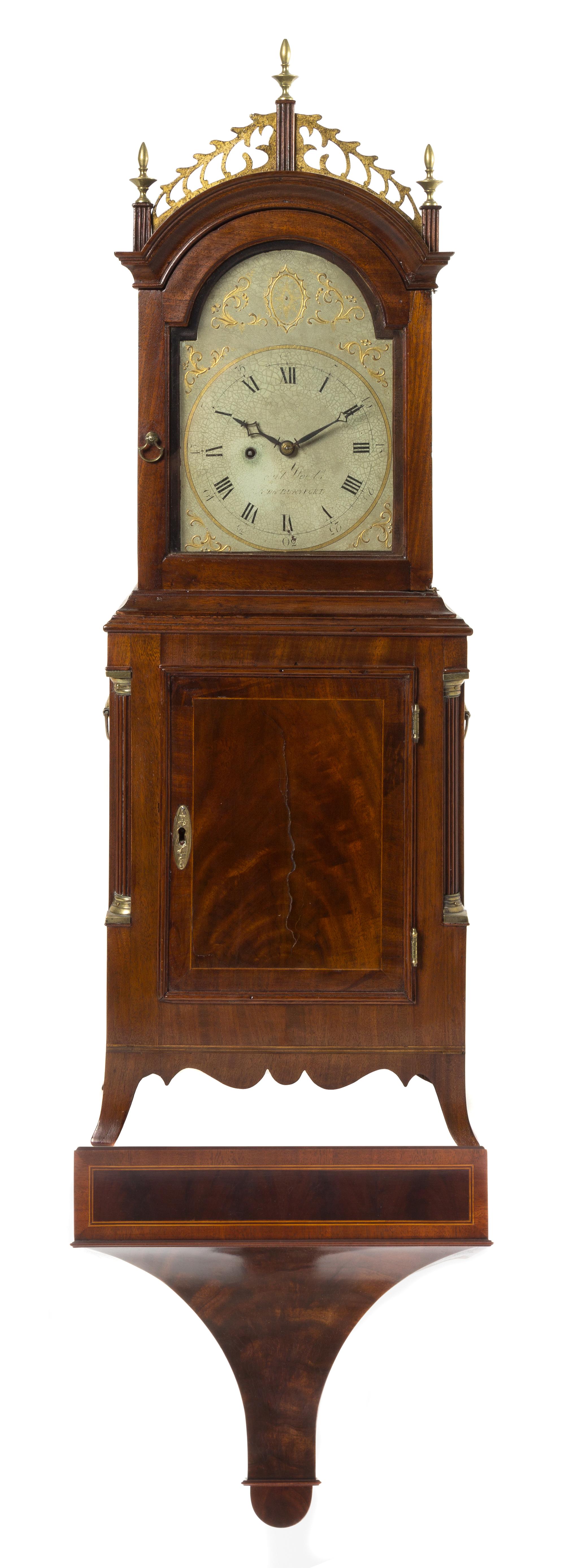 A Federal Mahogany Shelf Clock Height of clock 34 3/4 x width 12 1/8 x depth 6 1/8 inches. — WORKS BY DAVID WOOD, NEWBURYPORT, MASSACHUSETTS, CIRCA 1800