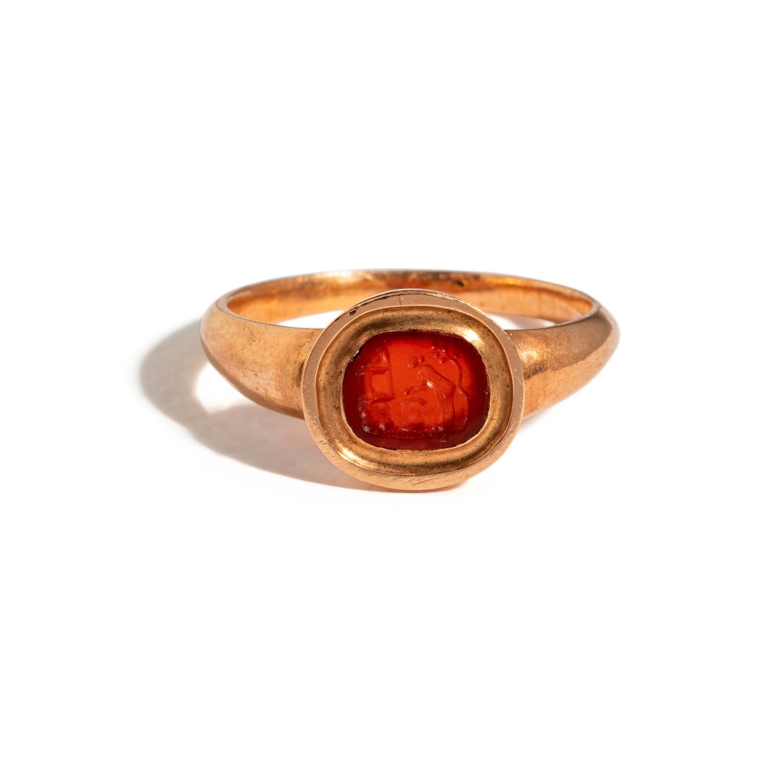 A Neoclassical Gold and Carnelian Finger Ring with a Sacrificial Scene