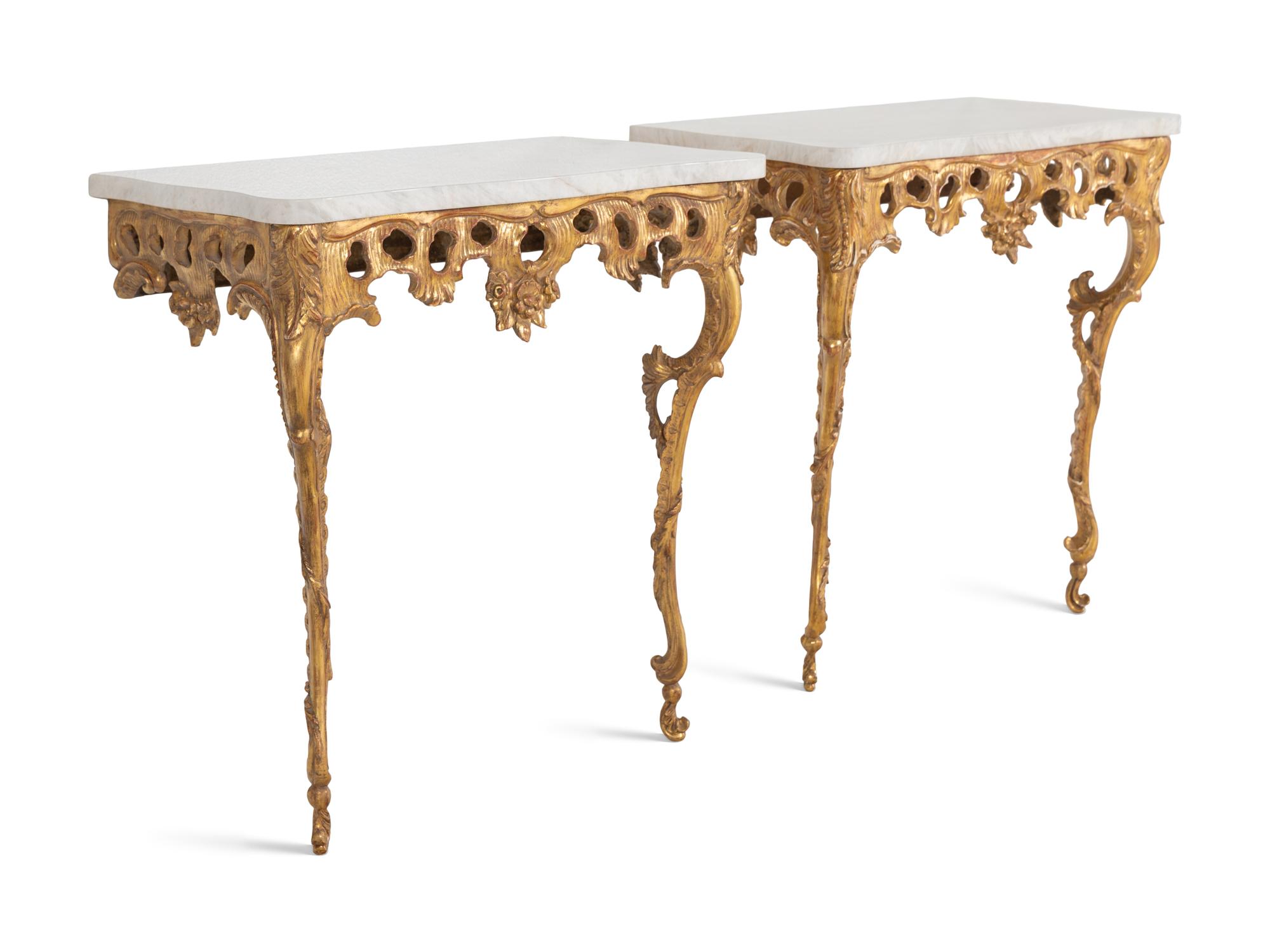 A Pair of North European Rococo Giltwood Marble-Top Console Tables