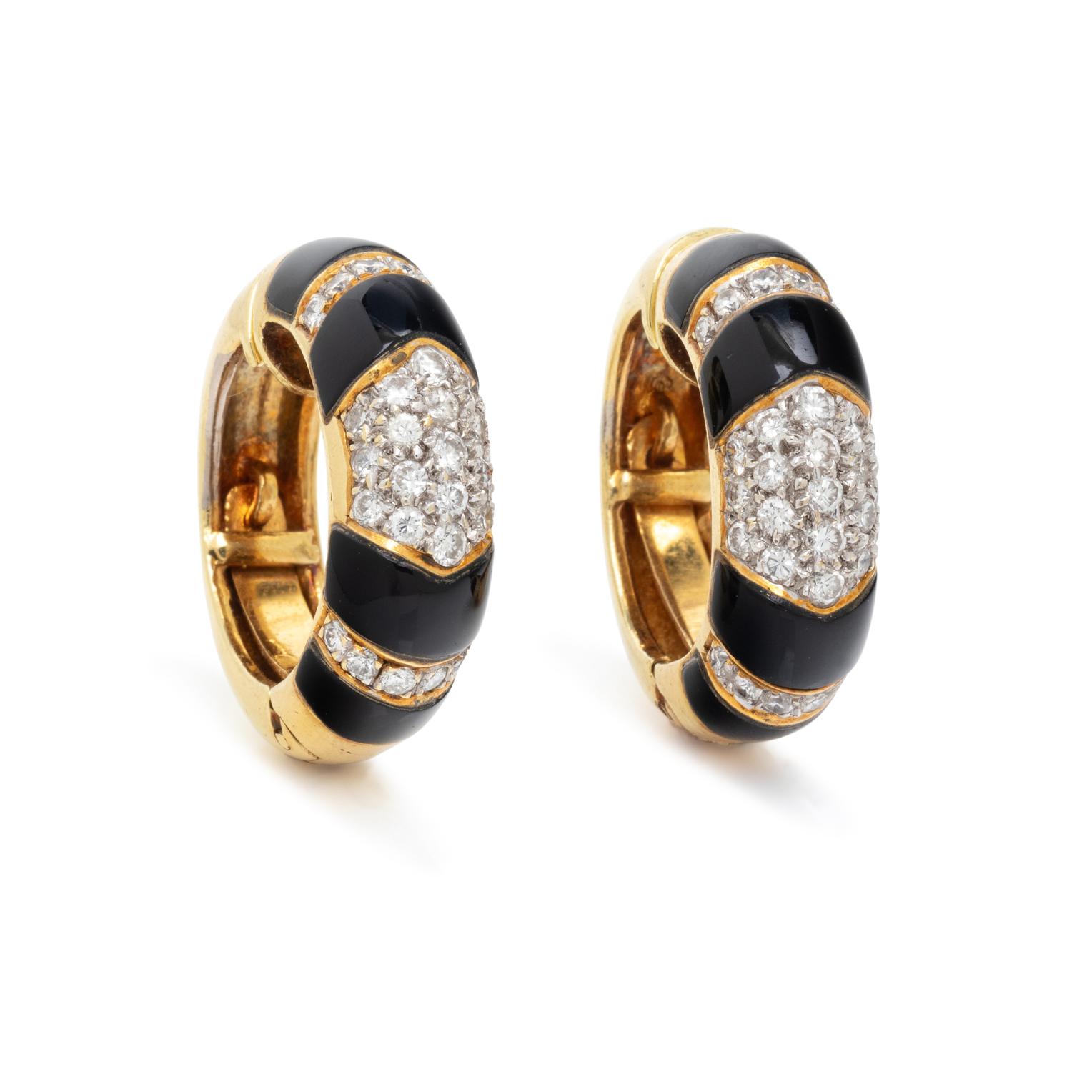 BLACK ENAMEL AND DIAMOND HOOP EARCLIPS
