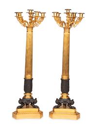 A Pair of Large Empire Style Gilt and Patinated Metal Six-Light Candelabra