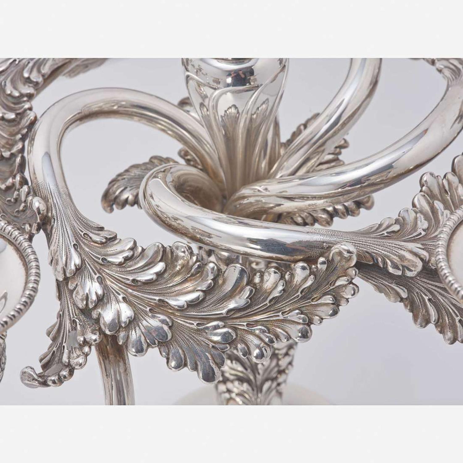 An American Pair of Sterling Silver Six-Light Candelabra Tiffany & Co., New York, 1891-1902
