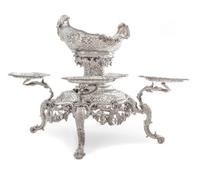 A George II Silver Epergne, Peter Archambo II & Peter Meure, London, 1753, the central basket of oval form with twin-foliate handles an