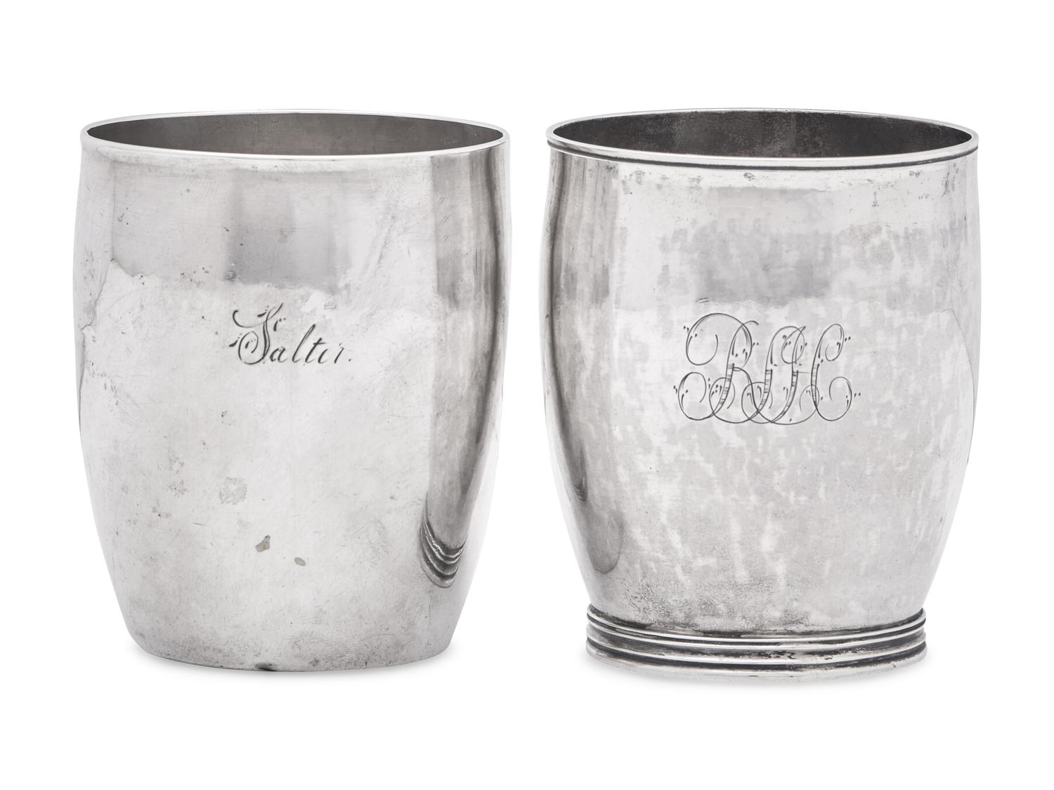 Two Federal Coin Silver Beakers / Cups, Moulton & Wood (active 1818-1820), Newburyport, MA, and Thomas Knox Emery (1784-1815), Boston, MA, Circa 1810-1820