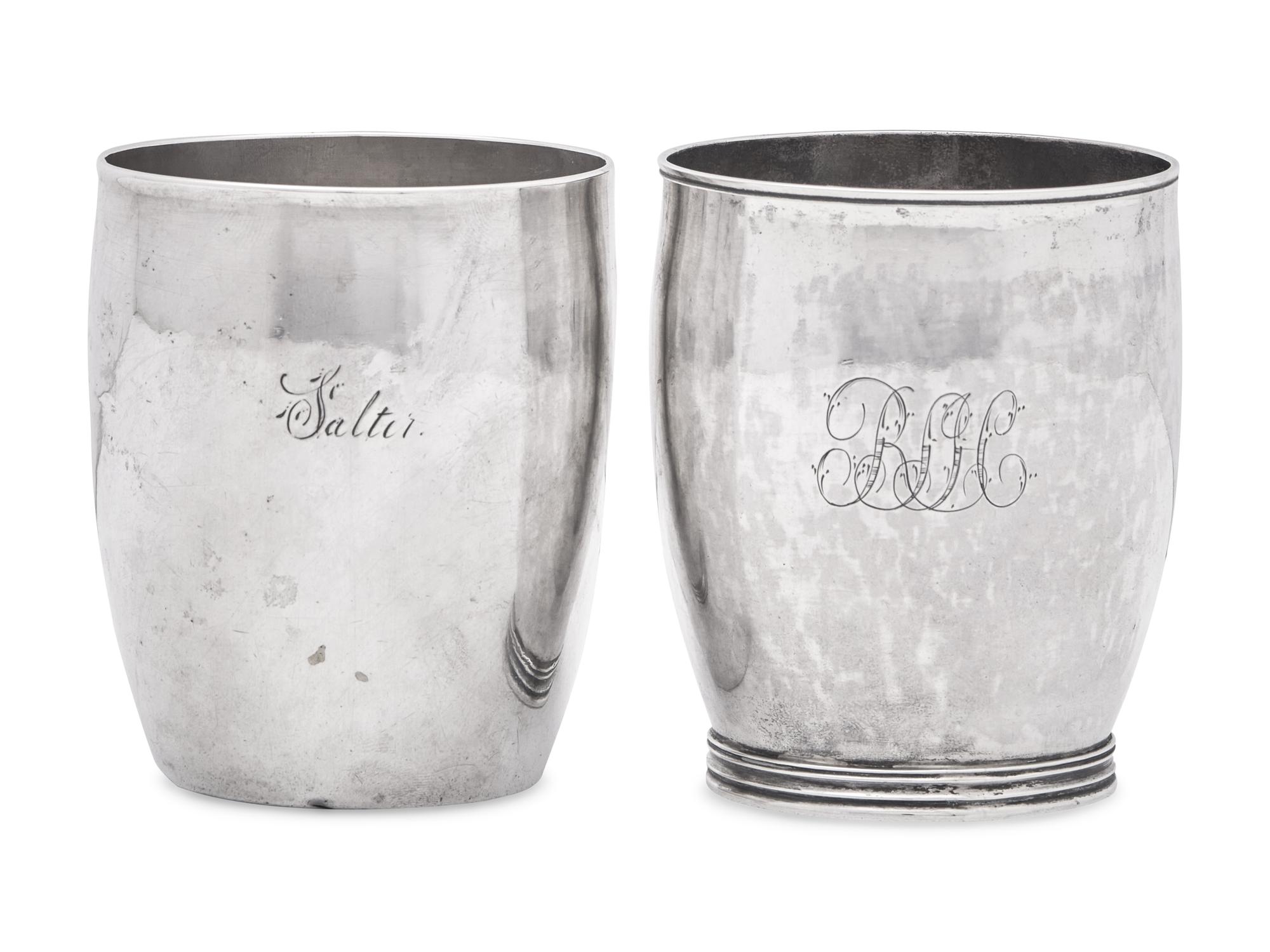 Two Federal Coin Silver Beakers / Cups, Moulton & Wood (active 1818-1820), Newburyport, MA, and Thomas Knox Emery (1784-1815), Boston, MA, Circa 1810-1820