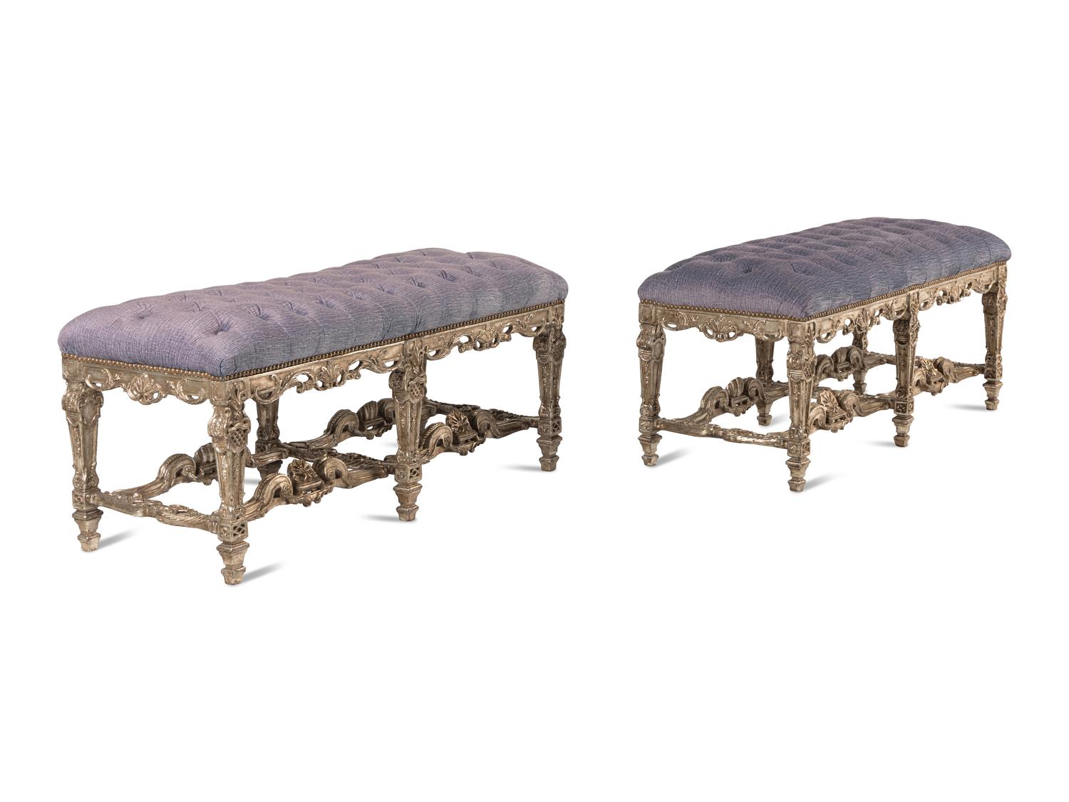 A Pair of Italian Baroque Style Silvered Wood Benches
