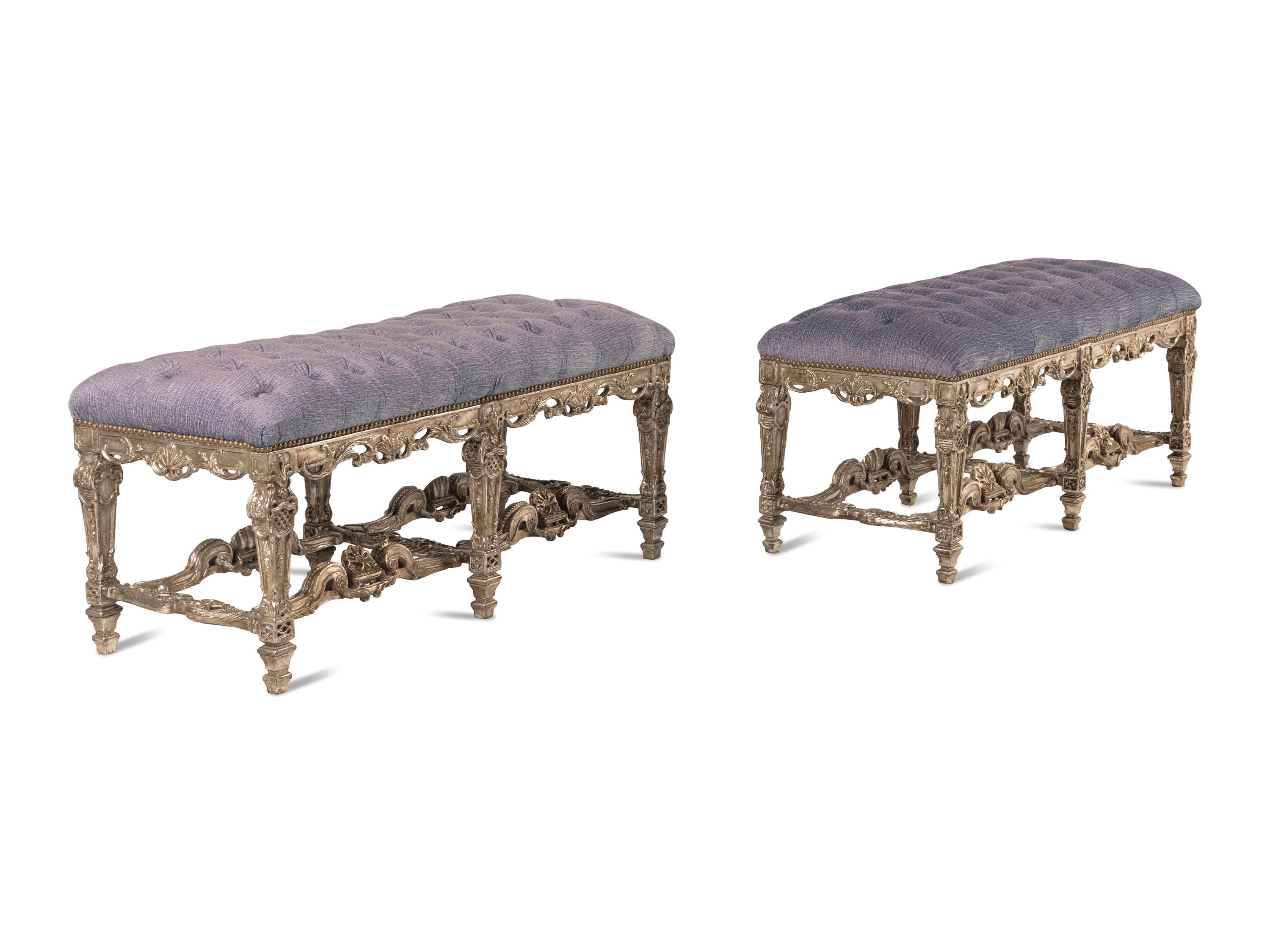 A Pair of Italian Baroque Style Silvered Wood Benches