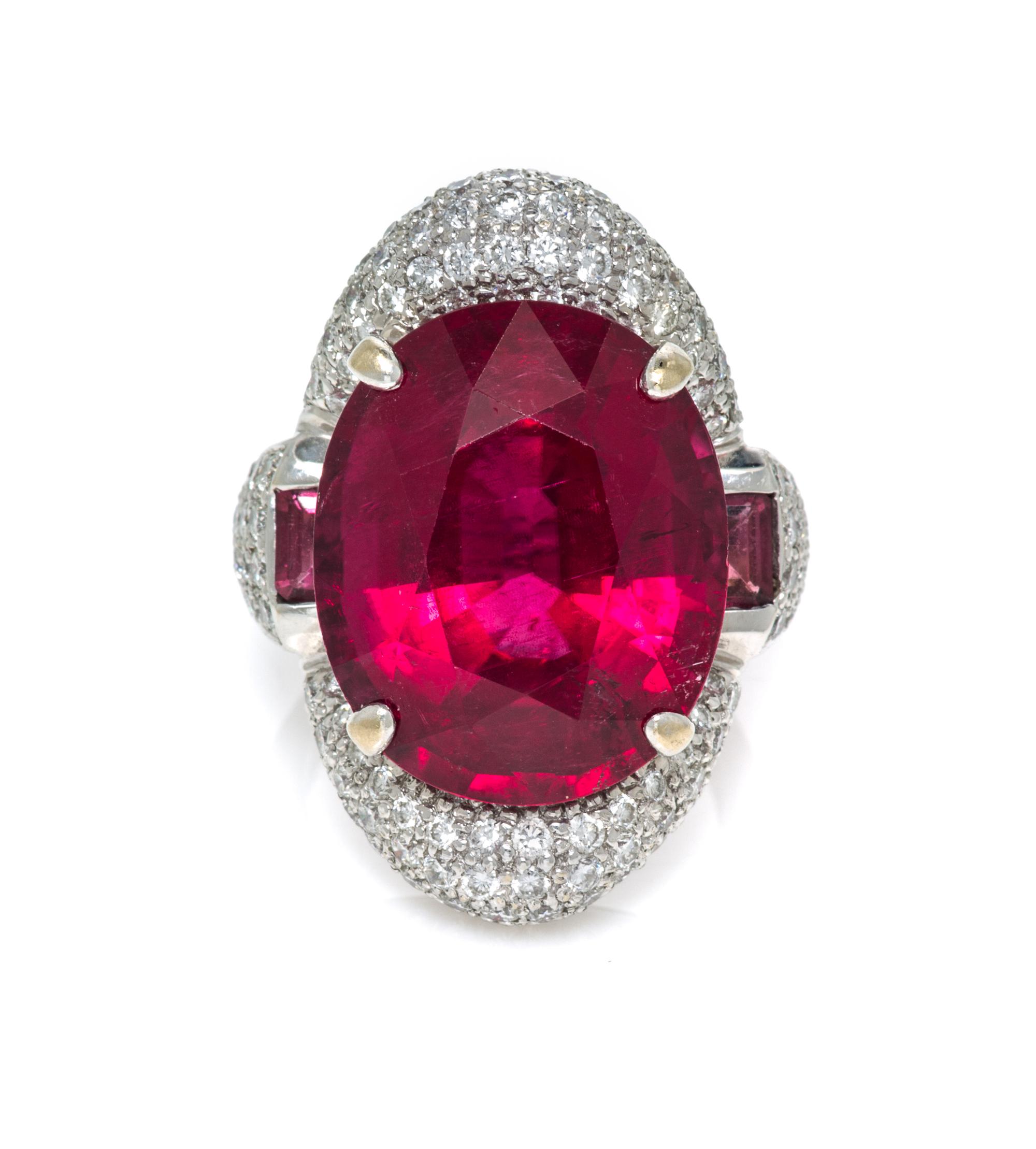 An 18 Karat White Gold, Rubellite Tourmaline and Diamond Ring, 12.30 dwts.