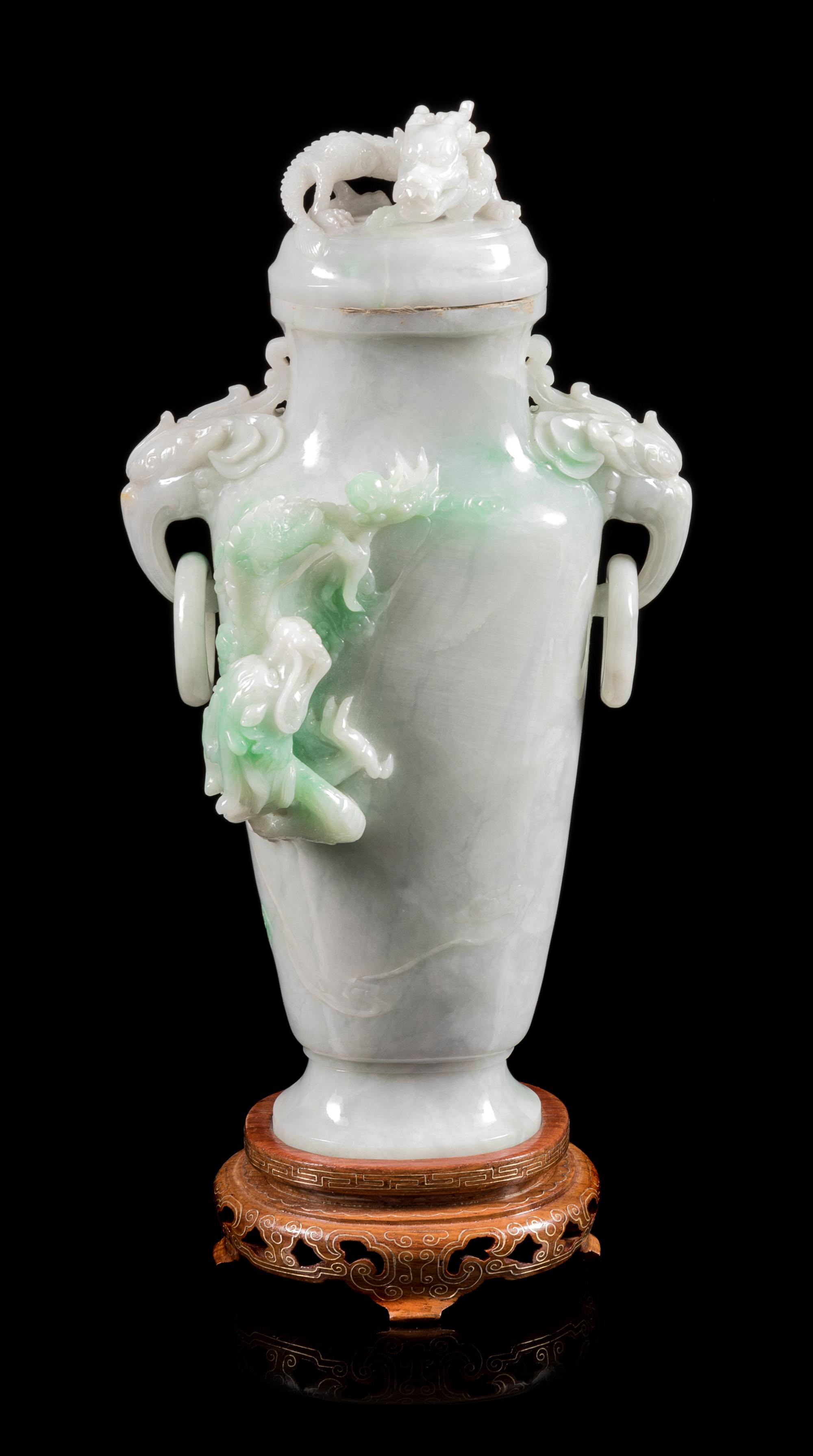 A Jadeite 'Dragon' Covered Vase Height 9 3/4 inches. — 20TH CENTURY