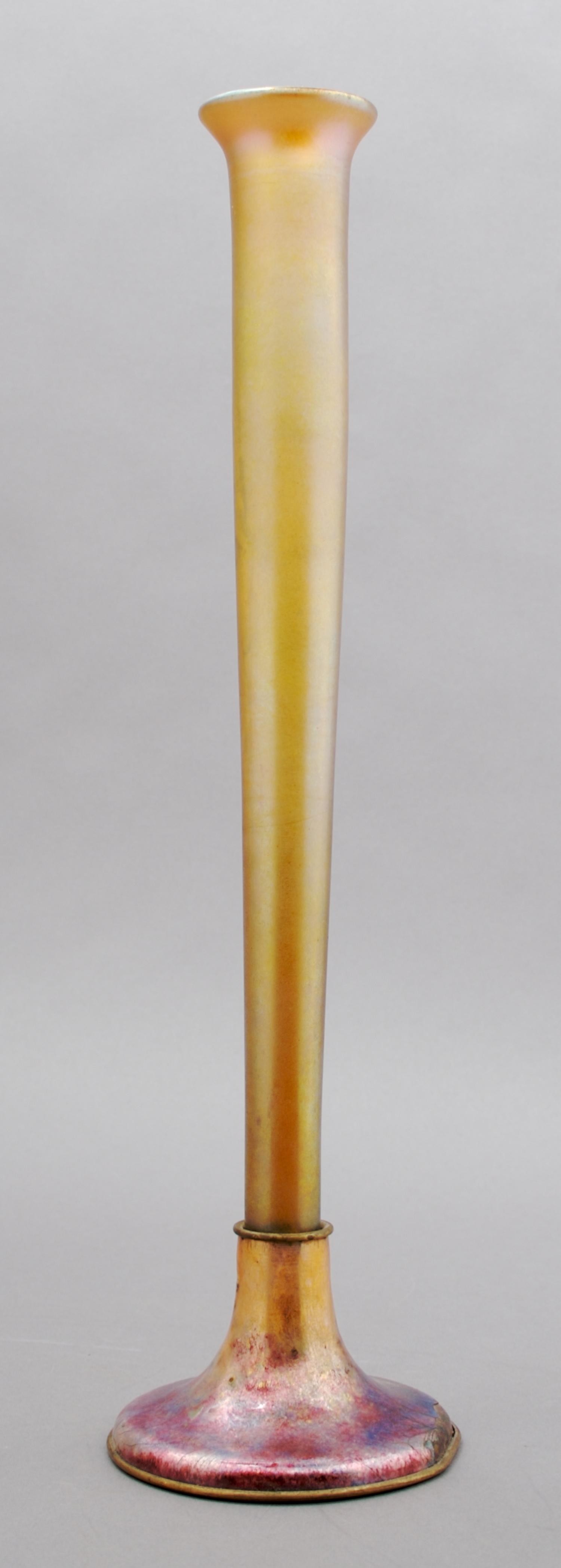 A Tiffany Favrile Glass and Bronze Vase, Height 12 7/8 inches.