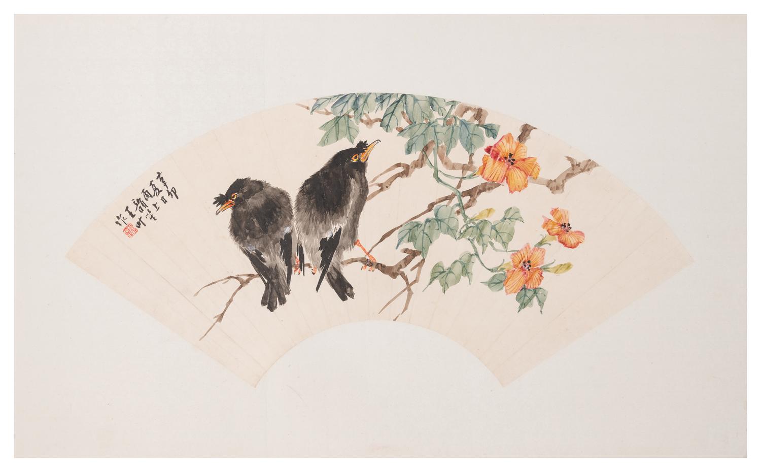 Three Chinese Ink and Color Paintings on Fan Leaves