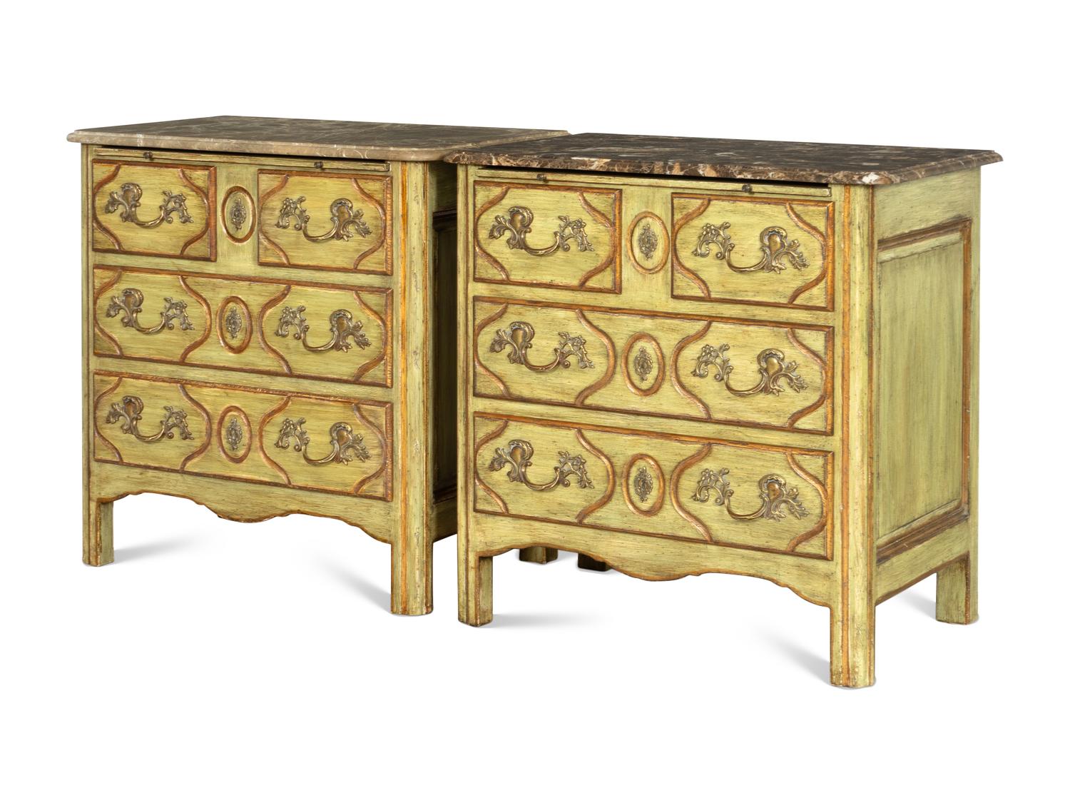 A Pair of Régence Style Painted and Parcel Gilt Marble-Top Bedside Chests