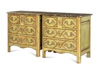 A Pair of Régence Style Painted and Parcel Gilt Marble-Top Bedside Chests