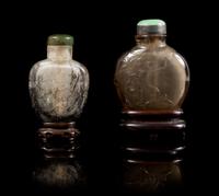 Two Hardstone Snuff Bottles Height of taller 3 inches (with stand).