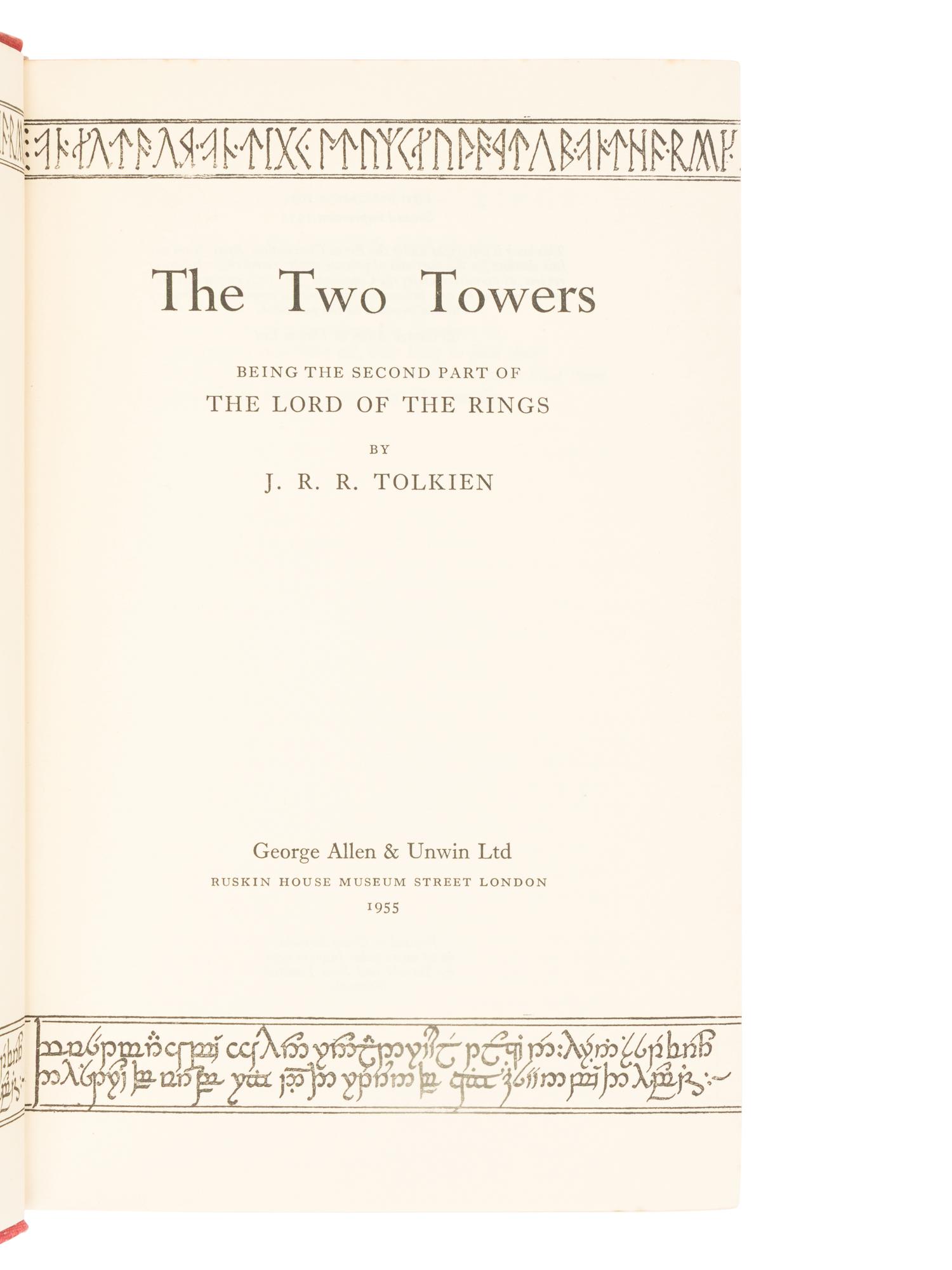 TOLKIEN, J.R.R. (1892-1973). [The Lord of the Rings trilogy:] The Fellowship of the Ring . 1954. -- The Two Towers . 1954. -- The Return of the King . 1955. All London: Allen & Unwin Ltd.