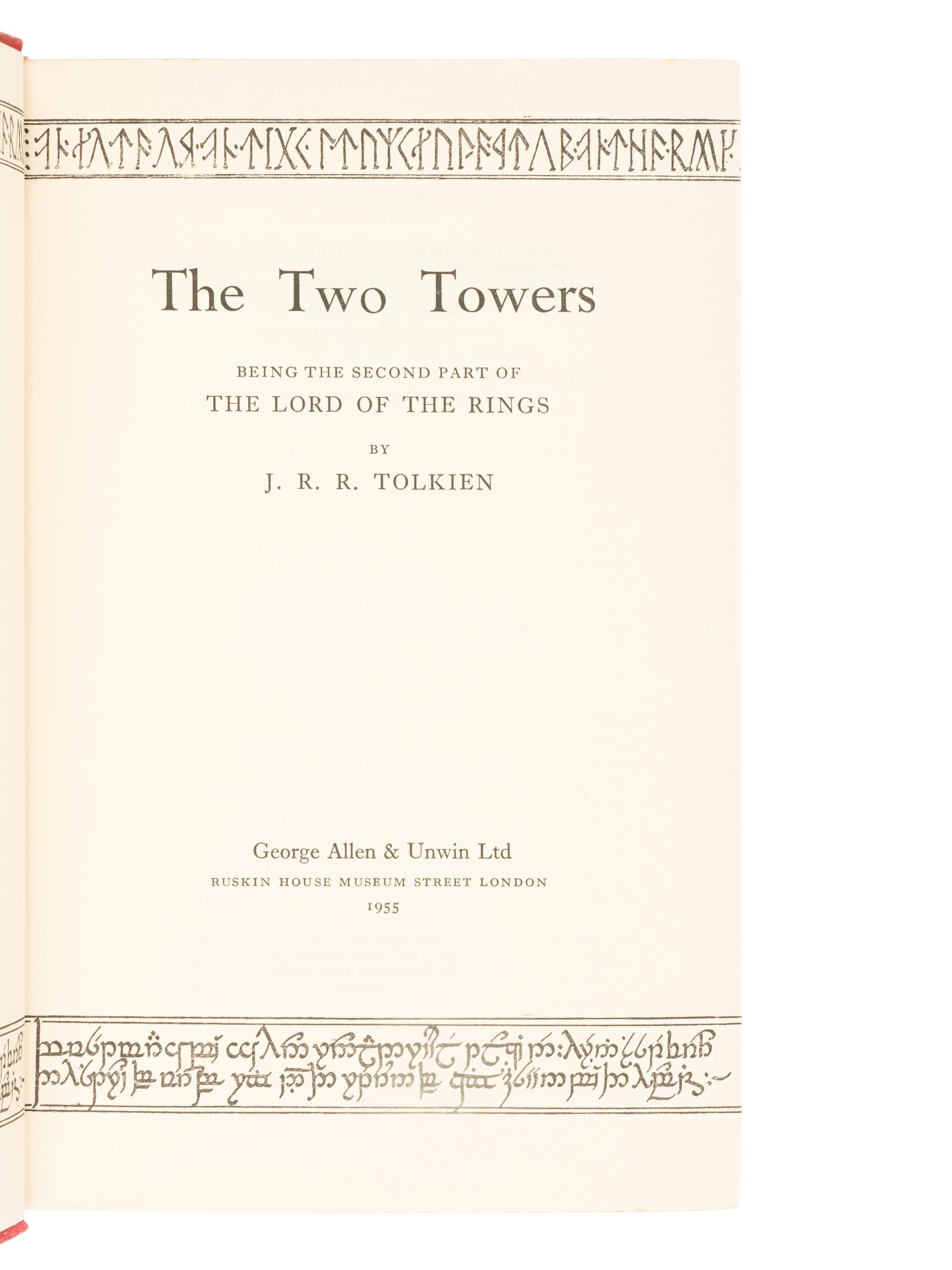 TOLKIEN, J.R.R. (1892-1973). [The Lord of the Rings trilogy:] The Fellowship of the Ring . 1954. -- The Two Towers . 1954. -- The Return of the King . 1955. All London: Allen & Unwin Ltd.