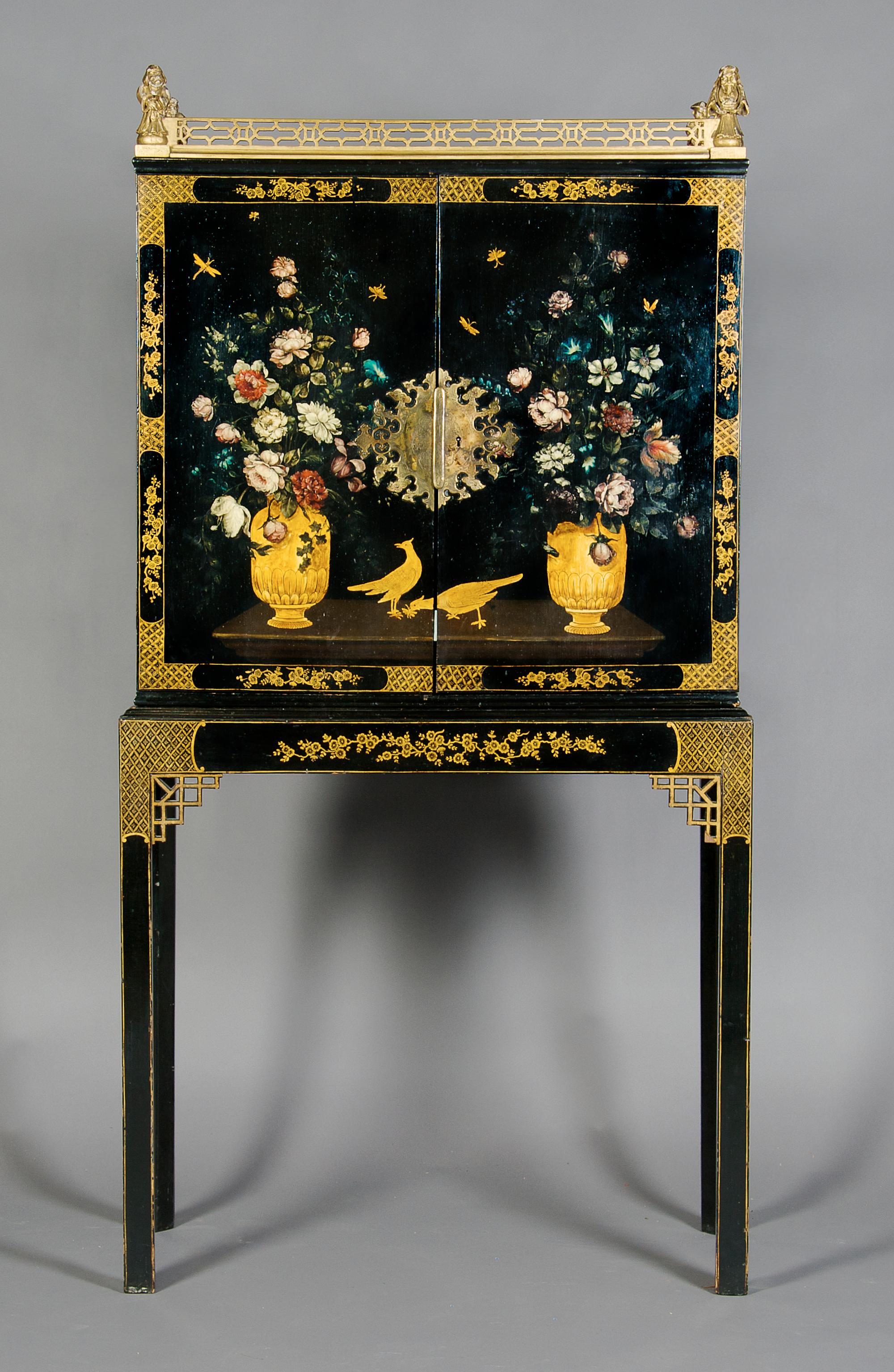 A Chinese Lacquered and Parcel Gilt Chest on Stand, Height 71 x width 35 1/2 x depth 18 1/2 inches.