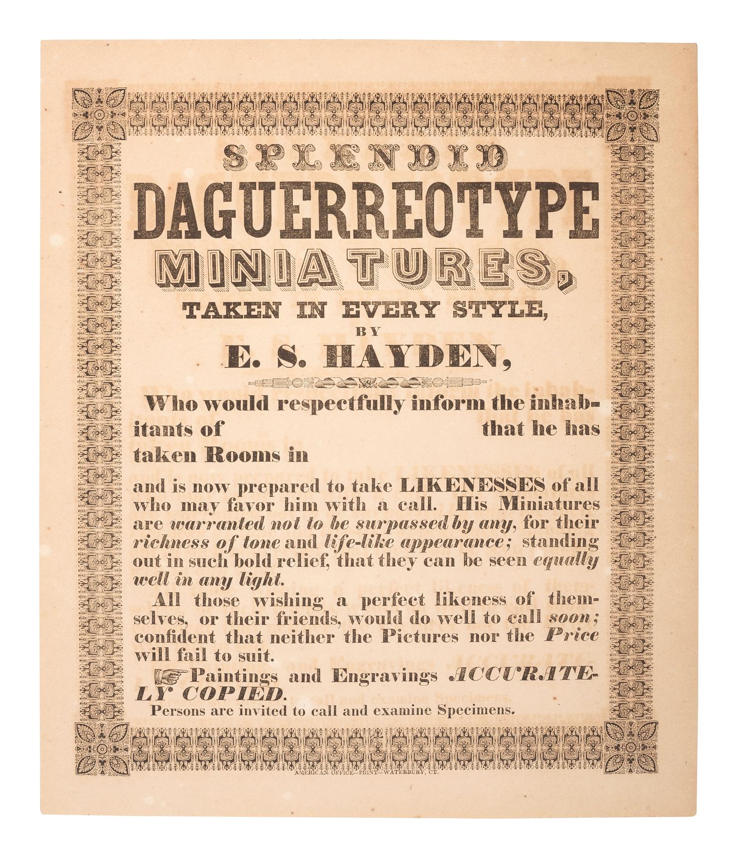 [BRADY, Mathew (ca. 1822-1896)]. Advertisement for Brady's National Gallery of Daguerreotypes.