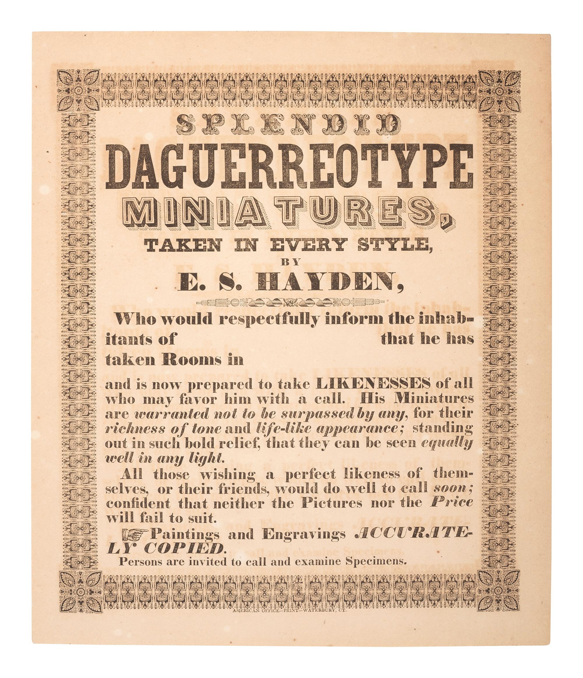 [BRADY, Mathew (ca. 1822-1896)]. Advertisement for Brady's National Gallery of Daguerreotypes.