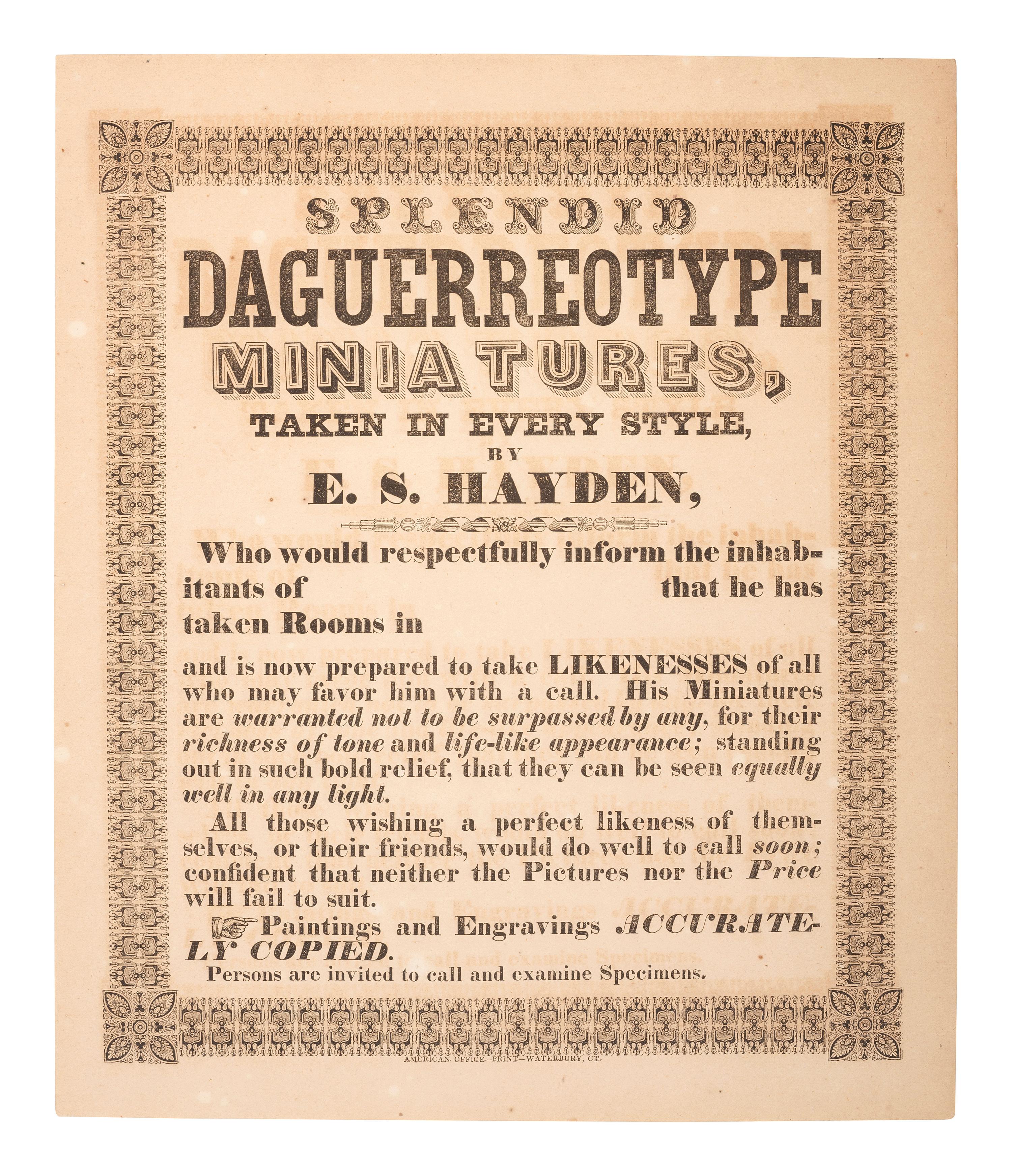 [BRADY, Mathew (ca. 1822-1896)]. Advertisement for Brady's National Gallery of Daguerreotypes.