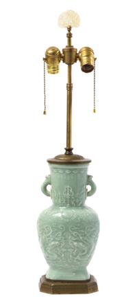 A Celadon Glazed Porcelain Vase Height of porcelain 11 1/2 inches.