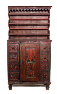 A Romanian Painted Wedding Chest Height 77 1/4 x width 40 x depth 17 1/2 inches