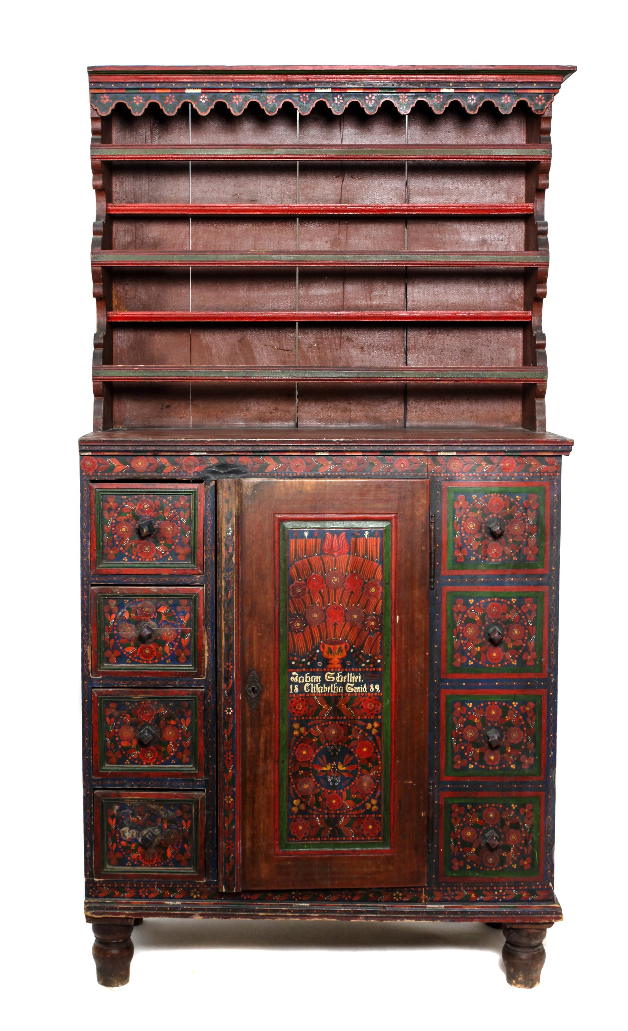 A Romanian Painted Wedding Chest Height 77 1/4 x width 40 x depth 17 1/2 inches