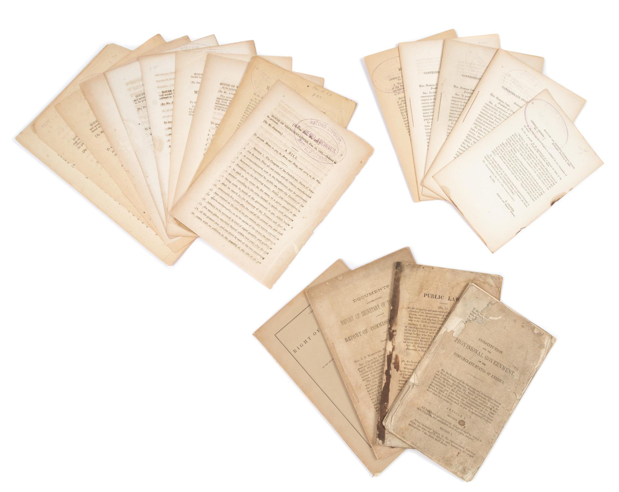 [CONFEDERACY] Group of 32 pamphlets on the Confederacy, with a slavery document. Together, 33 sheets.