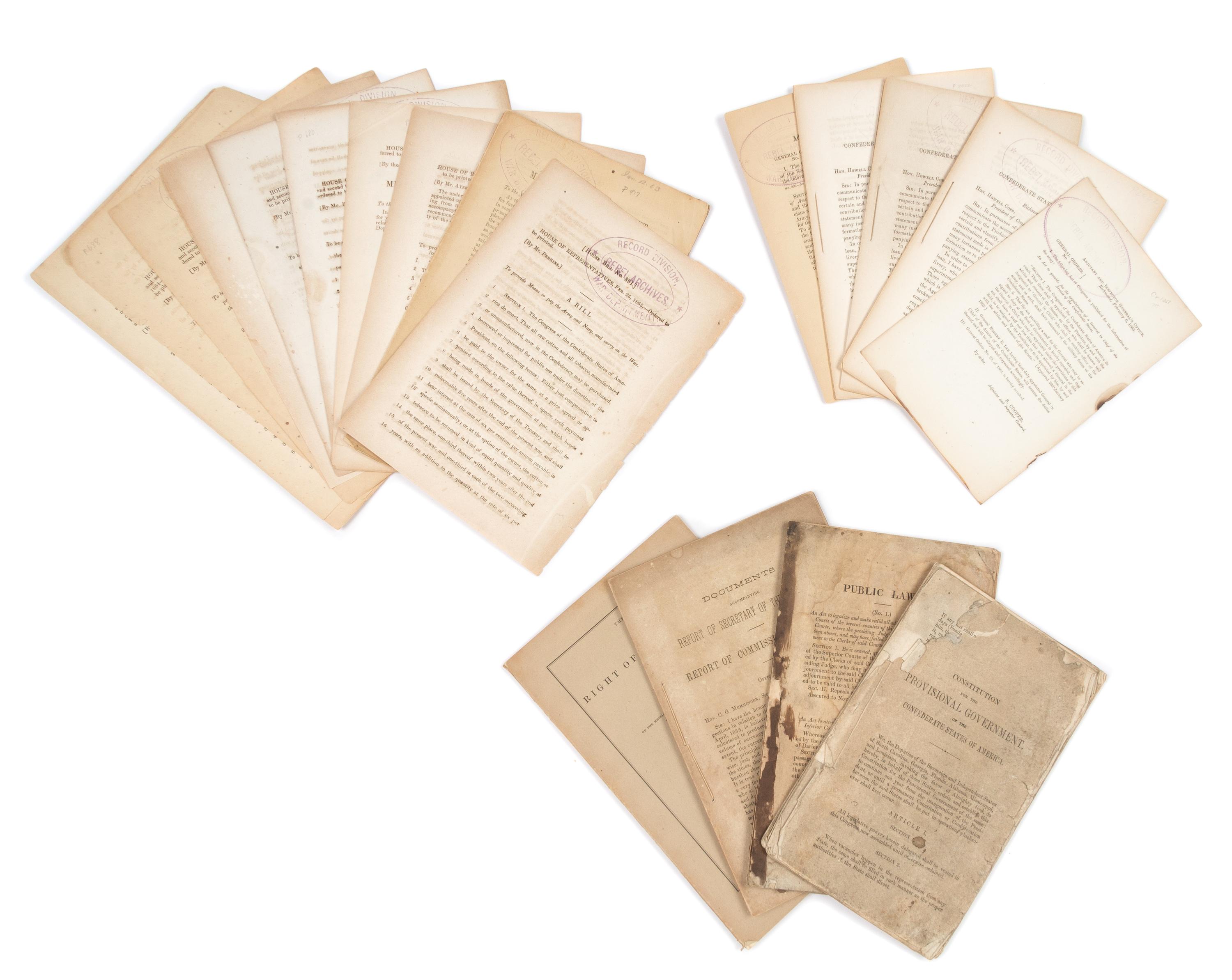 [CONFEDERACY] Group of 32 pamphlets on the Confederacy, with a slavery document. Together, 33 sheets.