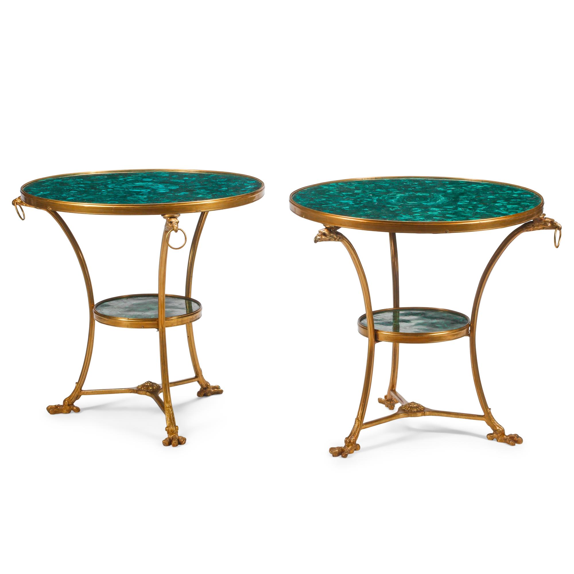 A Pair of Louis XV Style Gilt Bronze and Malachite Guéridons