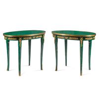 A Pair of Louis XV Style Malachite Veneered and Gilt Bronze Mounted Tables