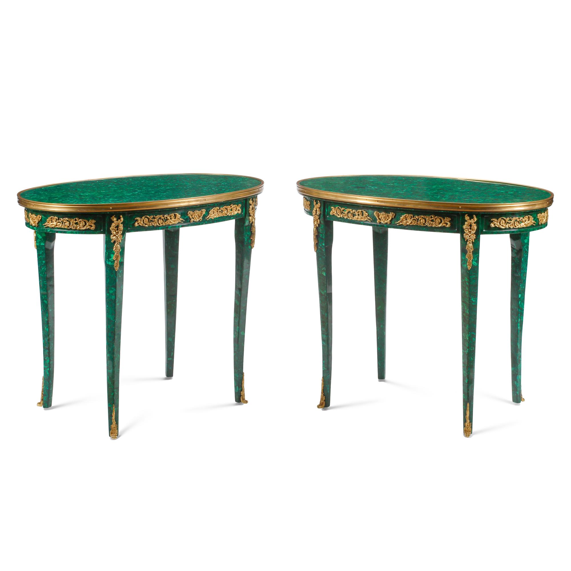 A Pair of Louis XV Style Malachite Veneered and Gilt Bronze Mounted Tables