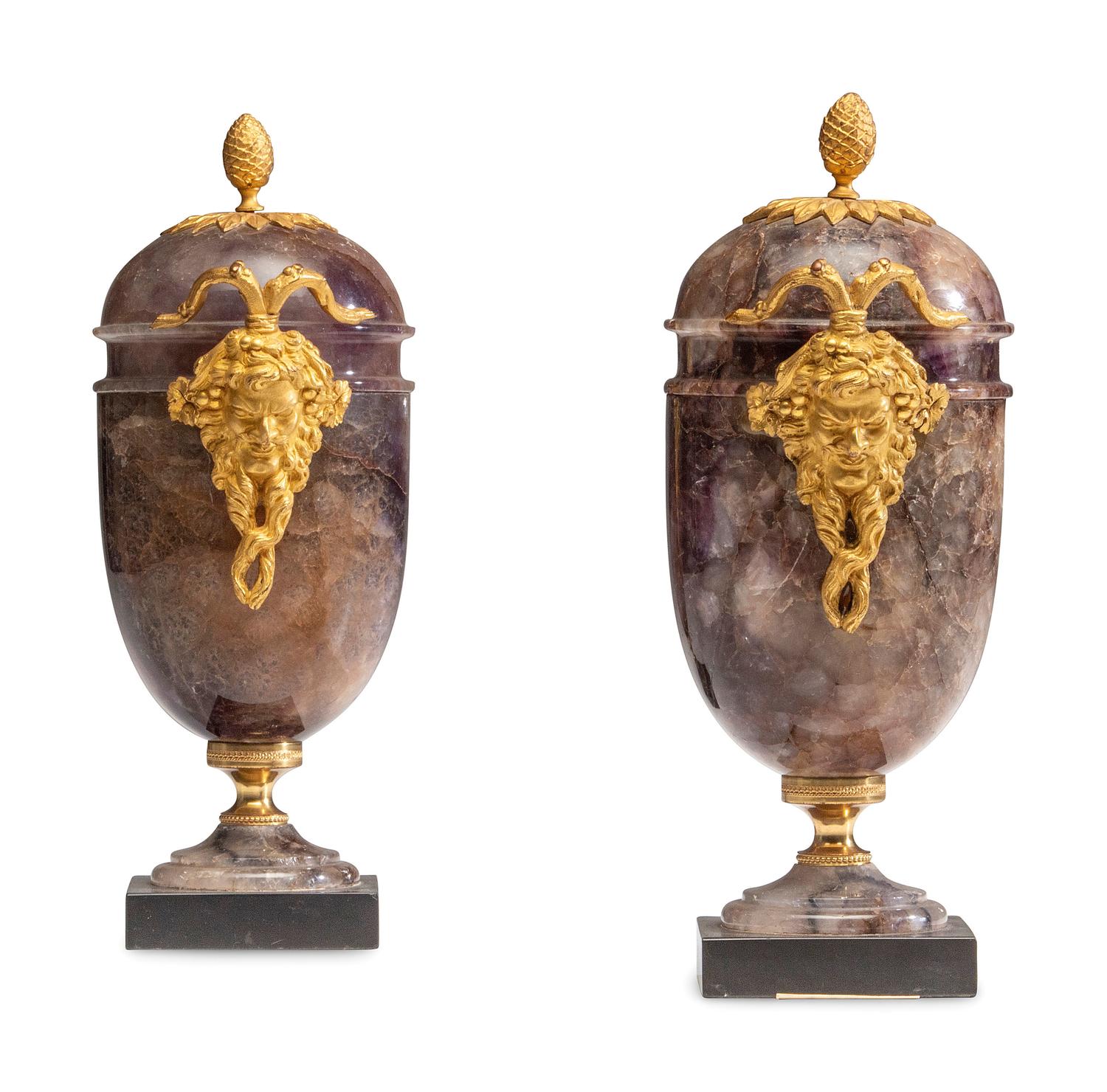A Pair of George III Gilt Bronze Mounted Blue John Cassolettes