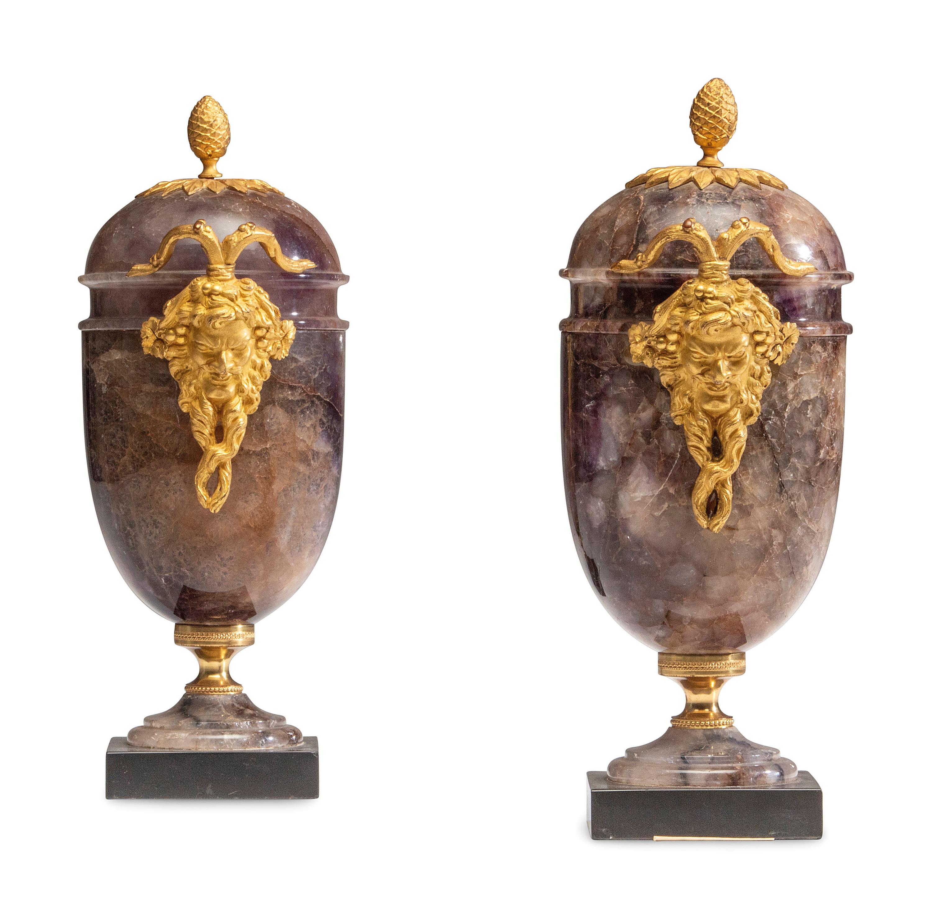 A Pair of George III Gilt Bronze Mounted Blue John Cassolettes