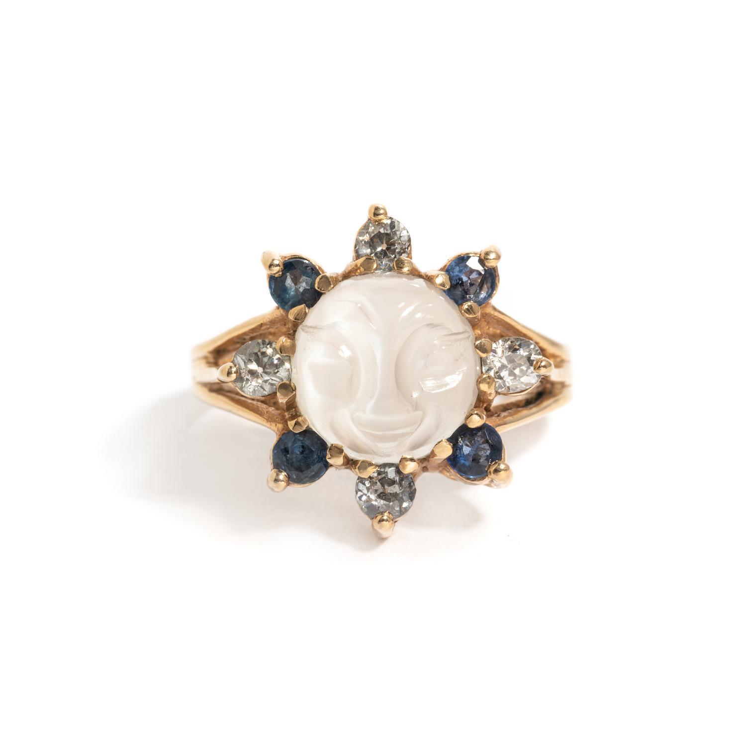 MOONSTONE, DIAMOND AND SAPPHIRE RING