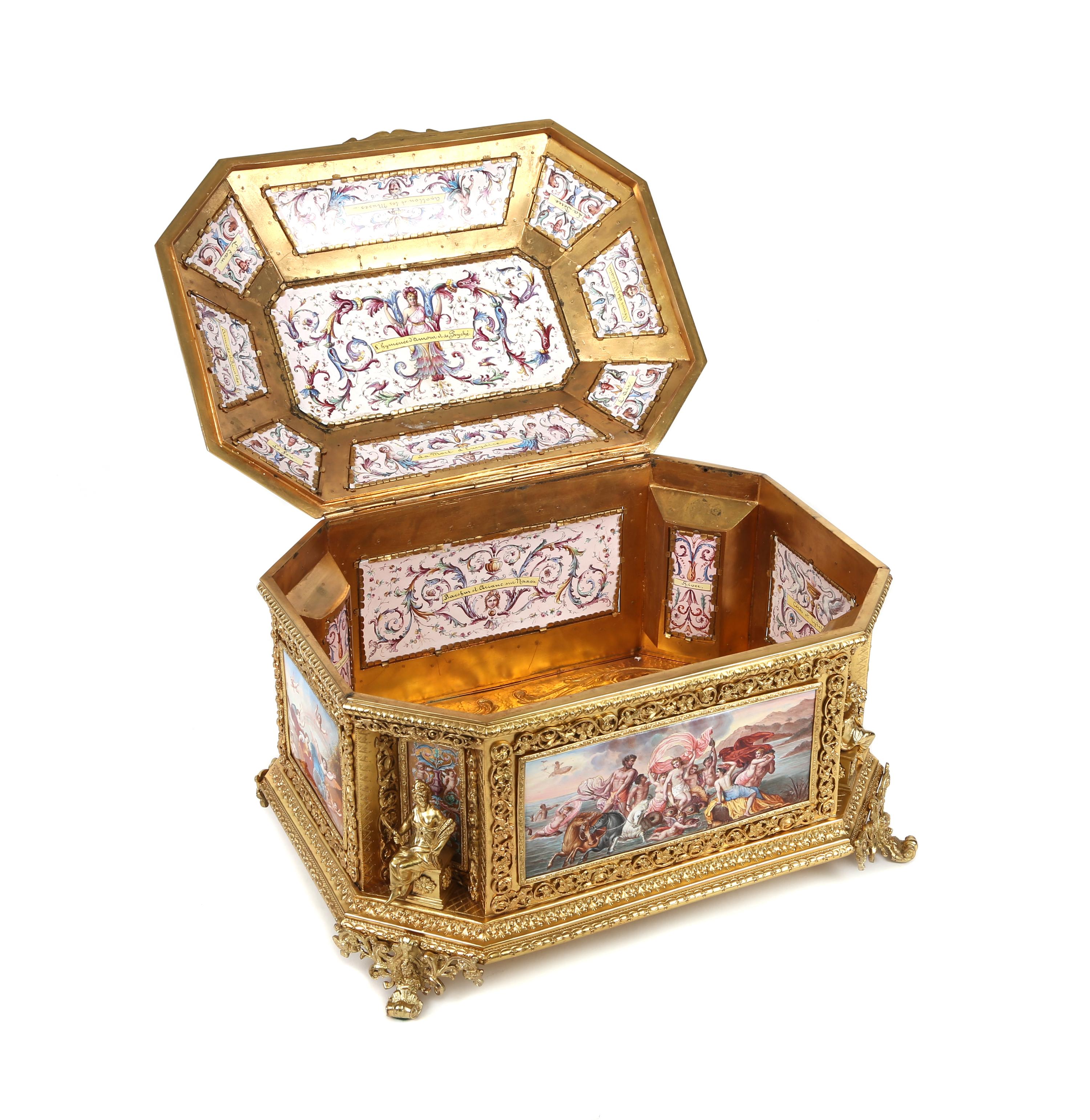 A Continental Gilt Metal and Painted Enamel Hexagonal Casket Height 8 3/4 x width 13 1/4 x 10 inches. — 19TH CENTURY