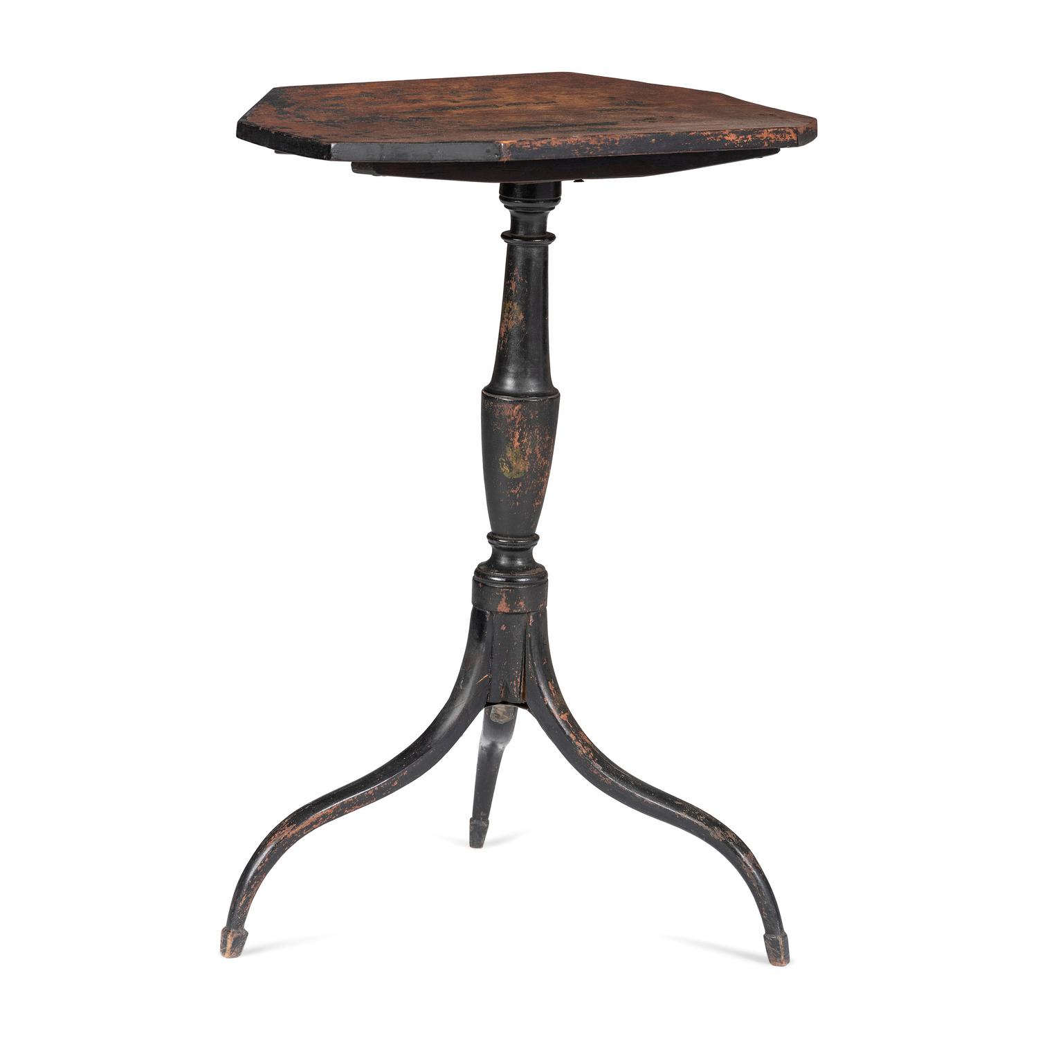 A Federal Black Painted Cherry/Maple Octagonal Tilt Top Candlestand