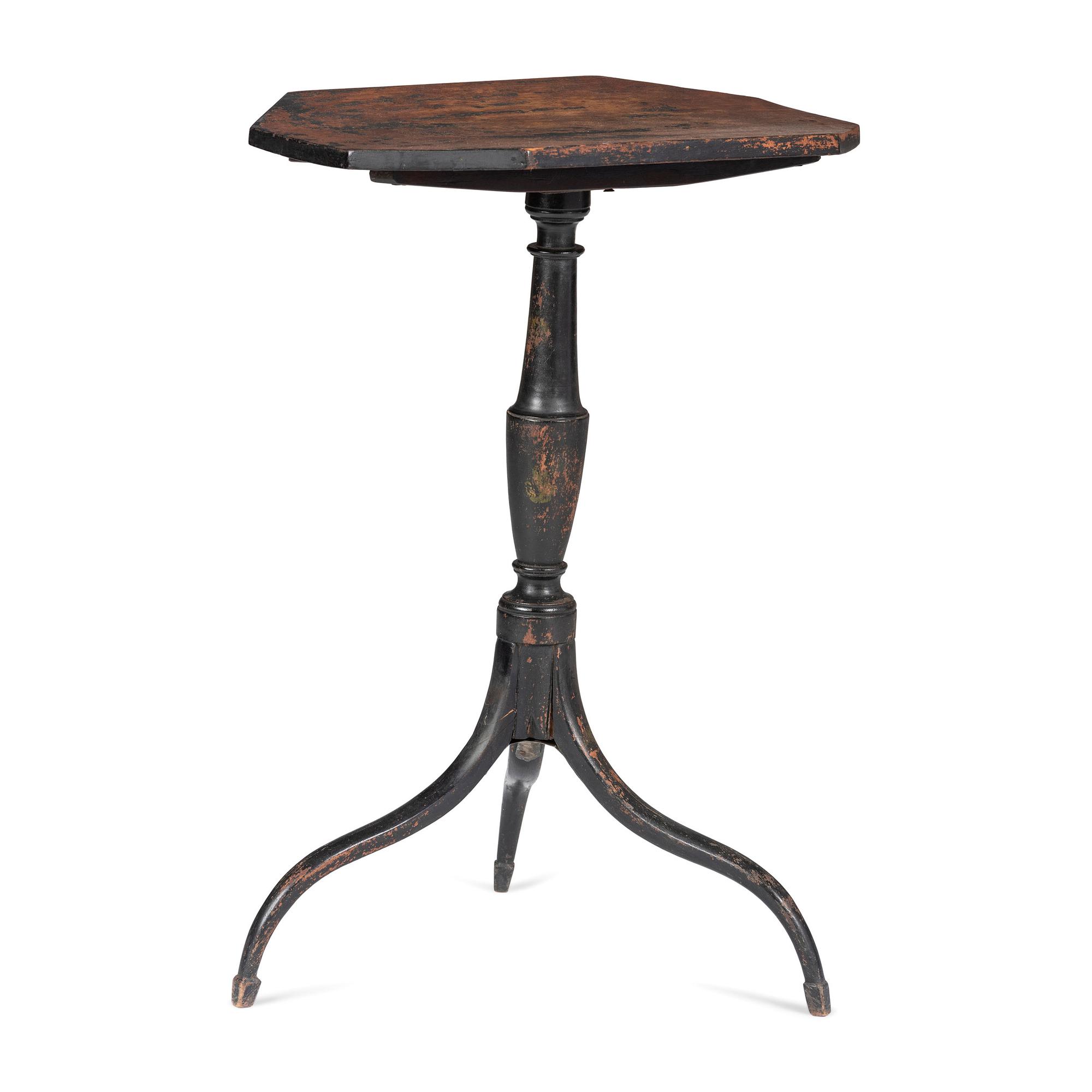 A Federal Black Painted Cherry/Maple Octagonal Tilt Top Candlestand
