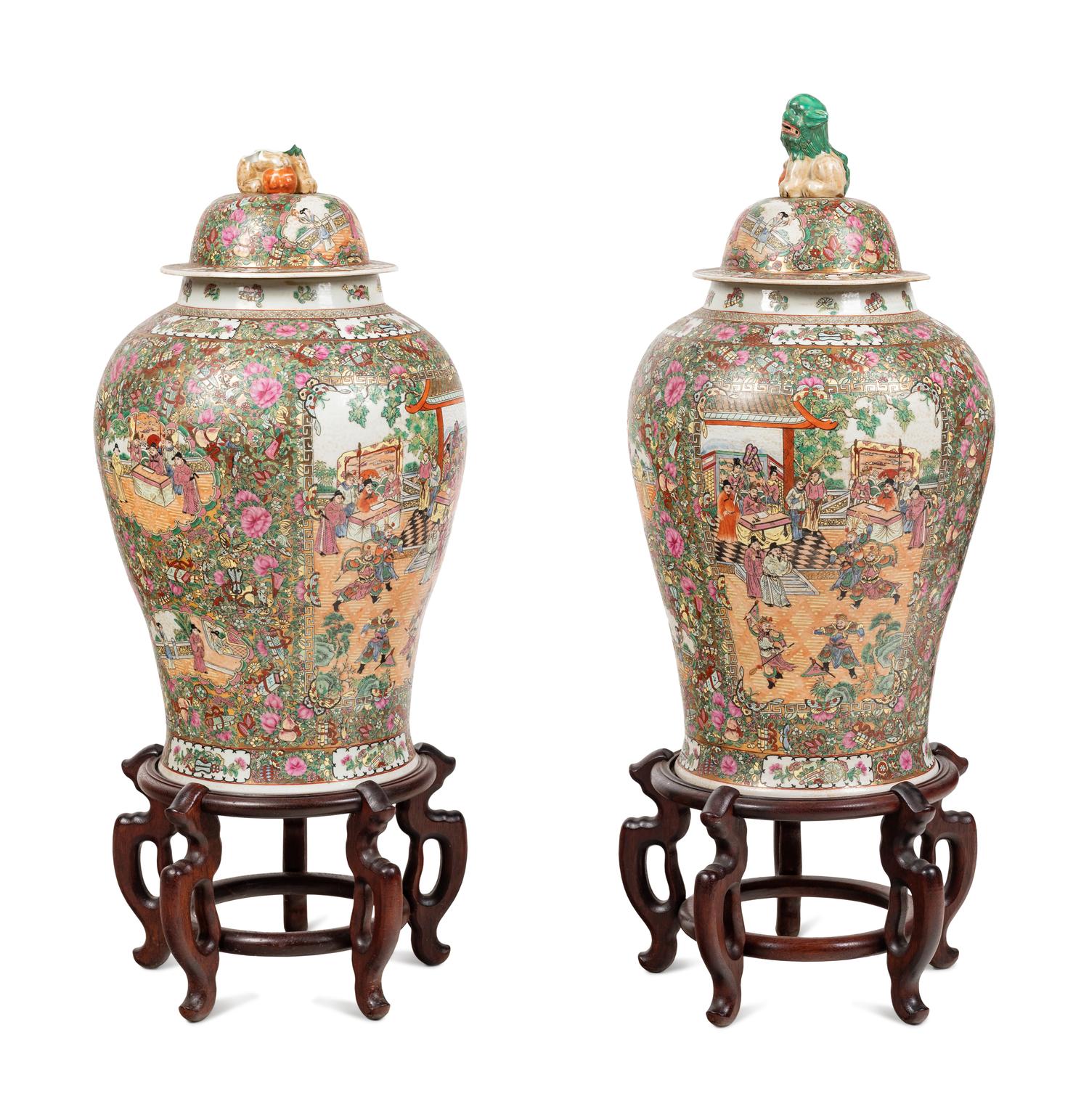 A Pair of Large Chinese Export Rose Medallion Porcelain Jars