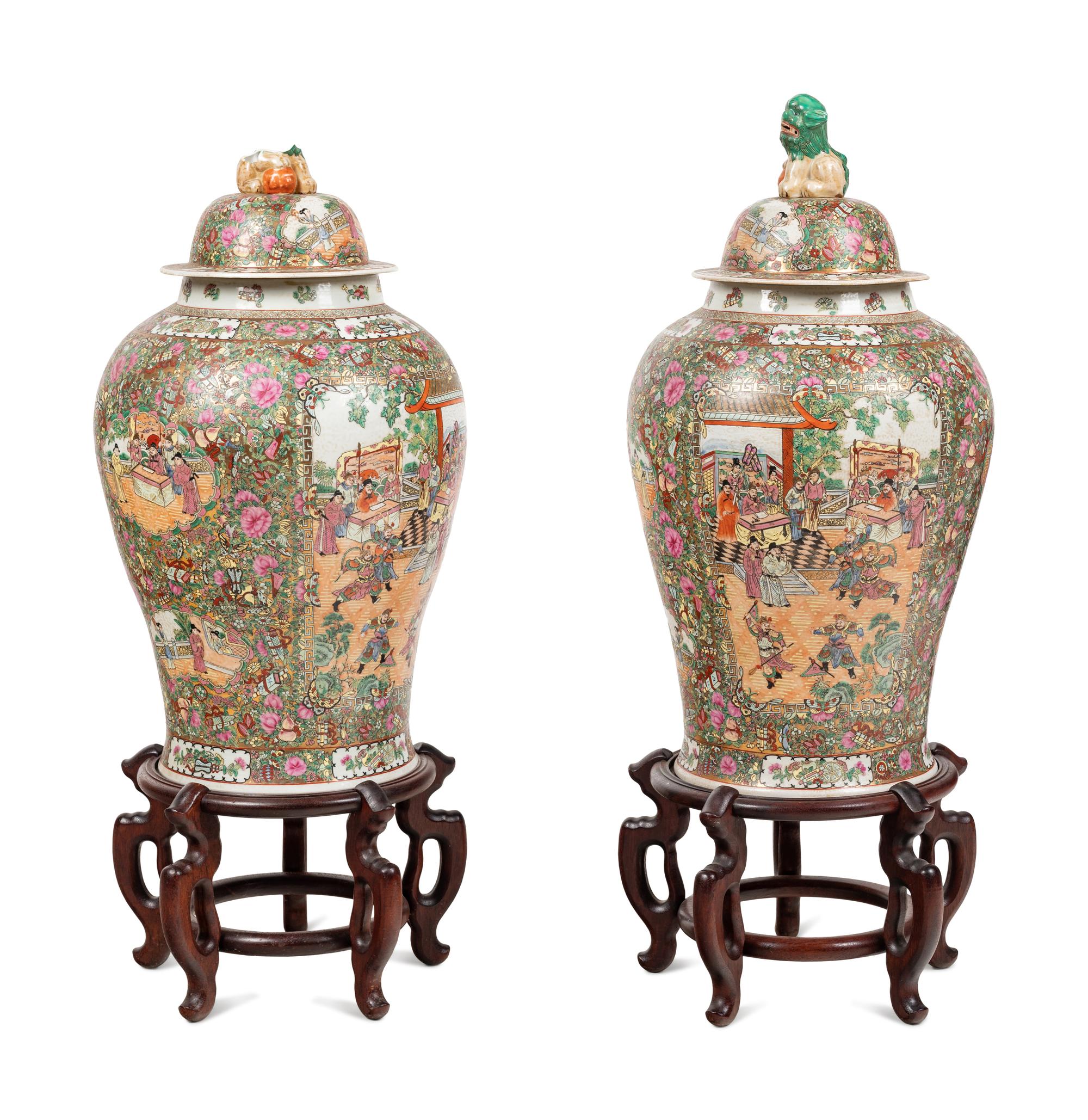 A Pair of Large Chinese Export Rose Medallion Porcelain Jars