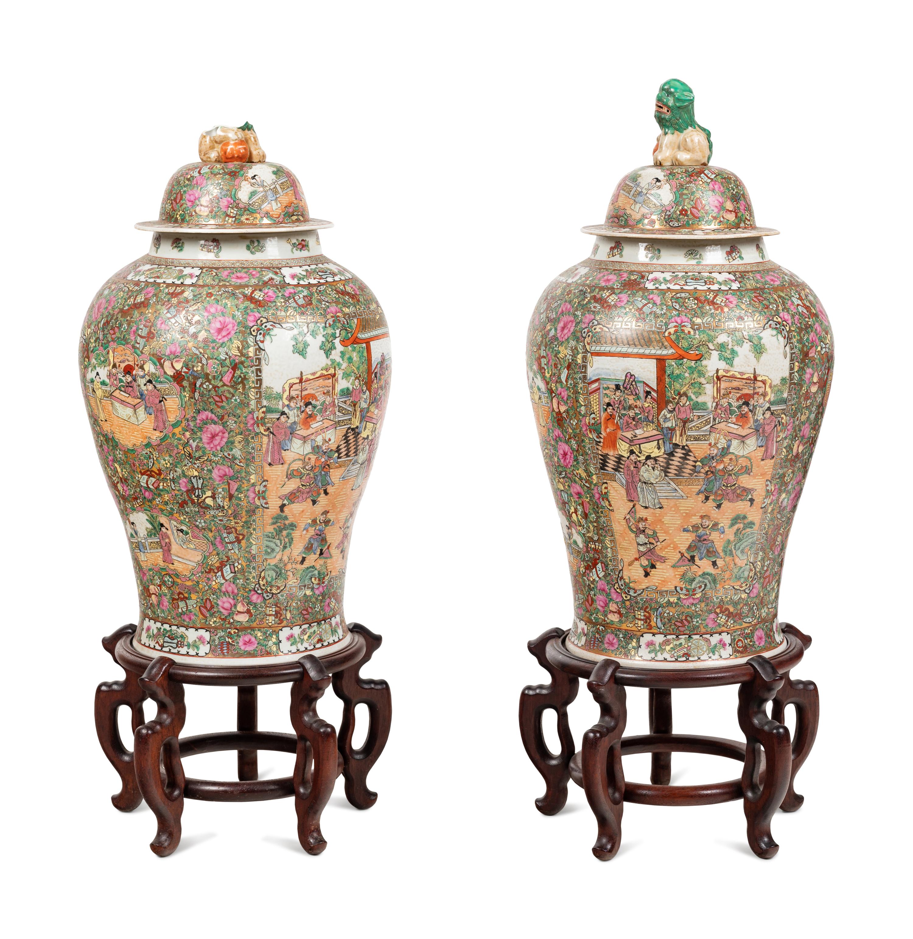 A Pair of Large Chinese Export Rose Medallion Porcelain Jars