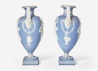 A Pair of Large Wedgwood Blue Jasperware Urns