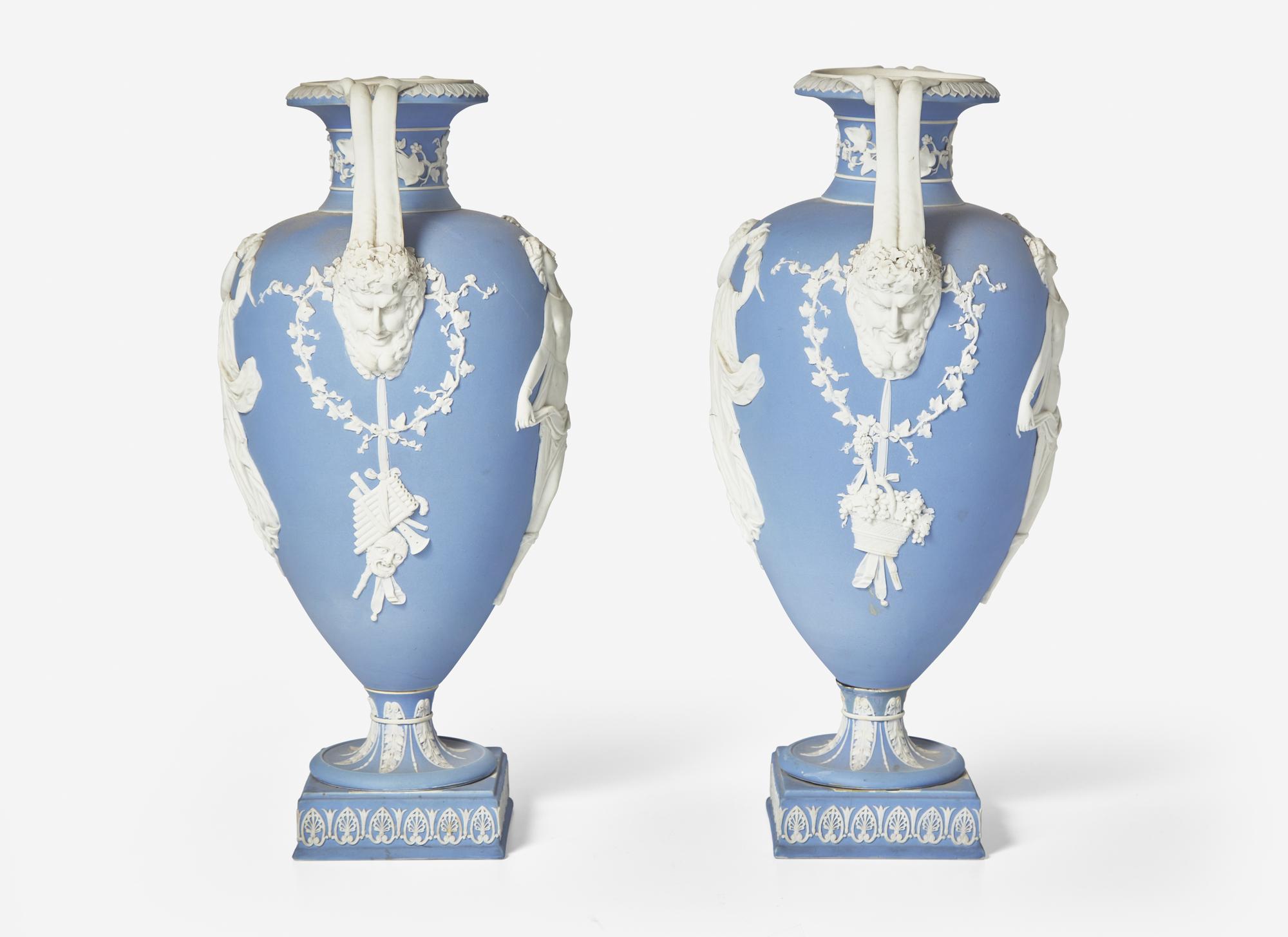 A Pair of Large Wedgwood Blue Jasperware Urns