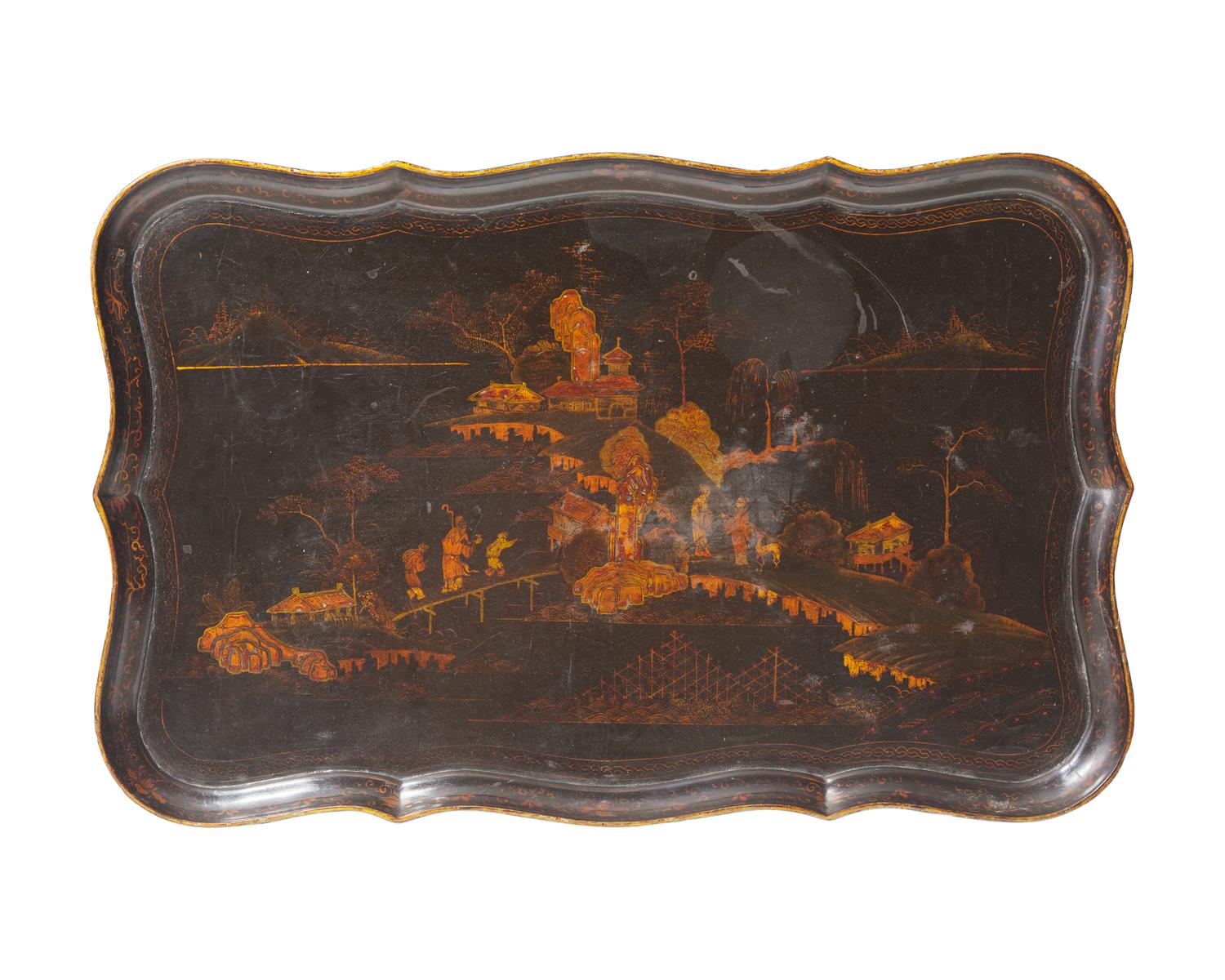 A Chinoiserie lacquered wood tray table on gilt bronze base, 20th century