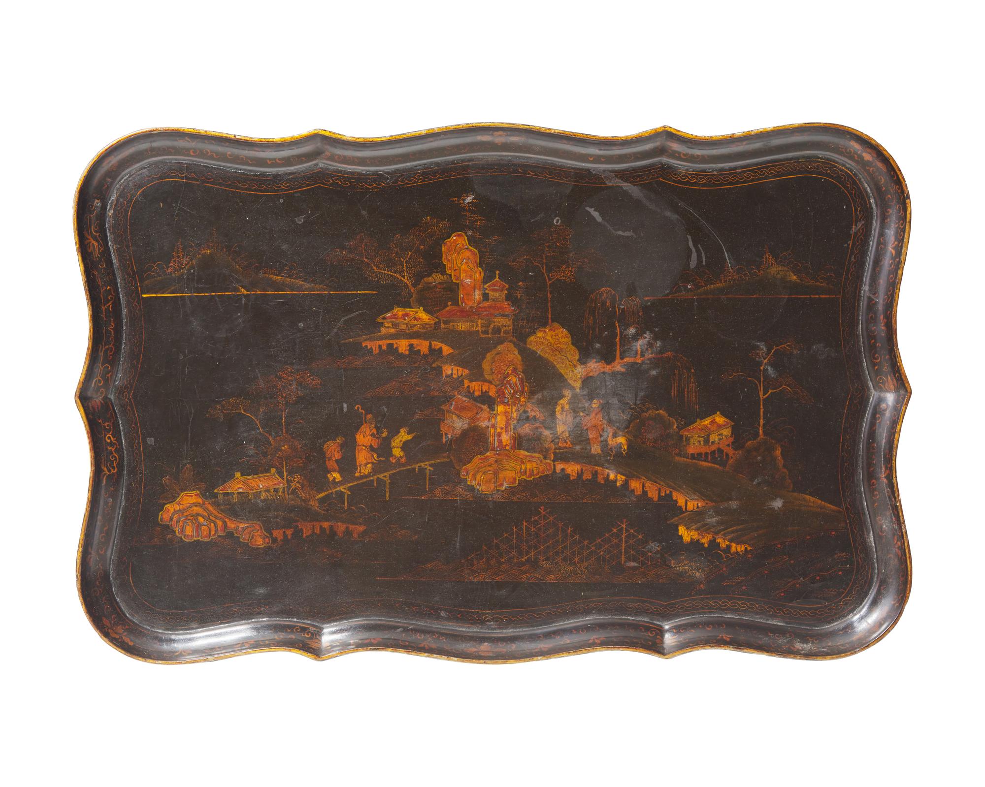 A Chinoiserie lacquered wood tray table on gilt bronze base, 20th century